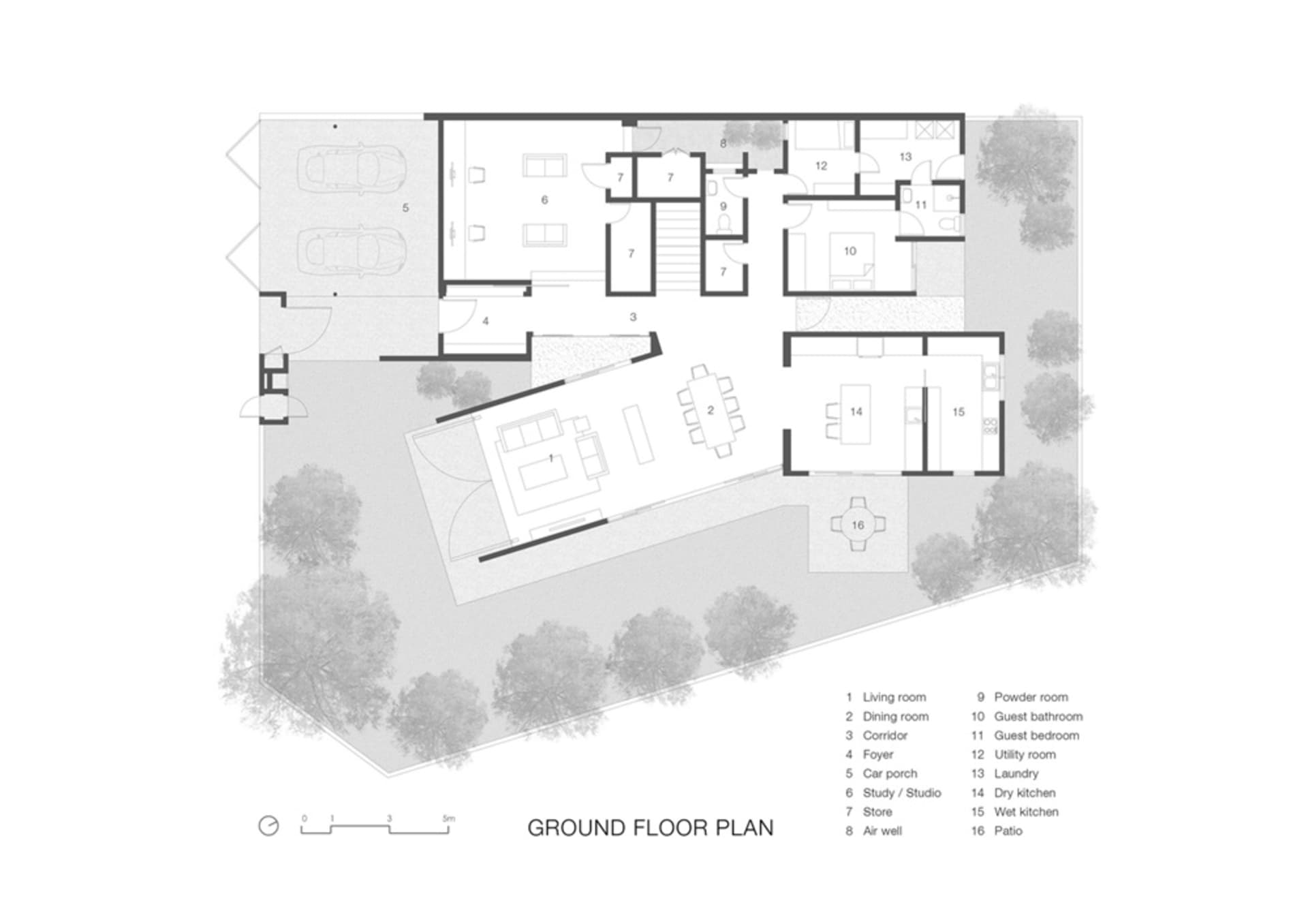 A detailed architectural blueprint of the ground floor layout of a residential building, showing rooms, windows, and doors.