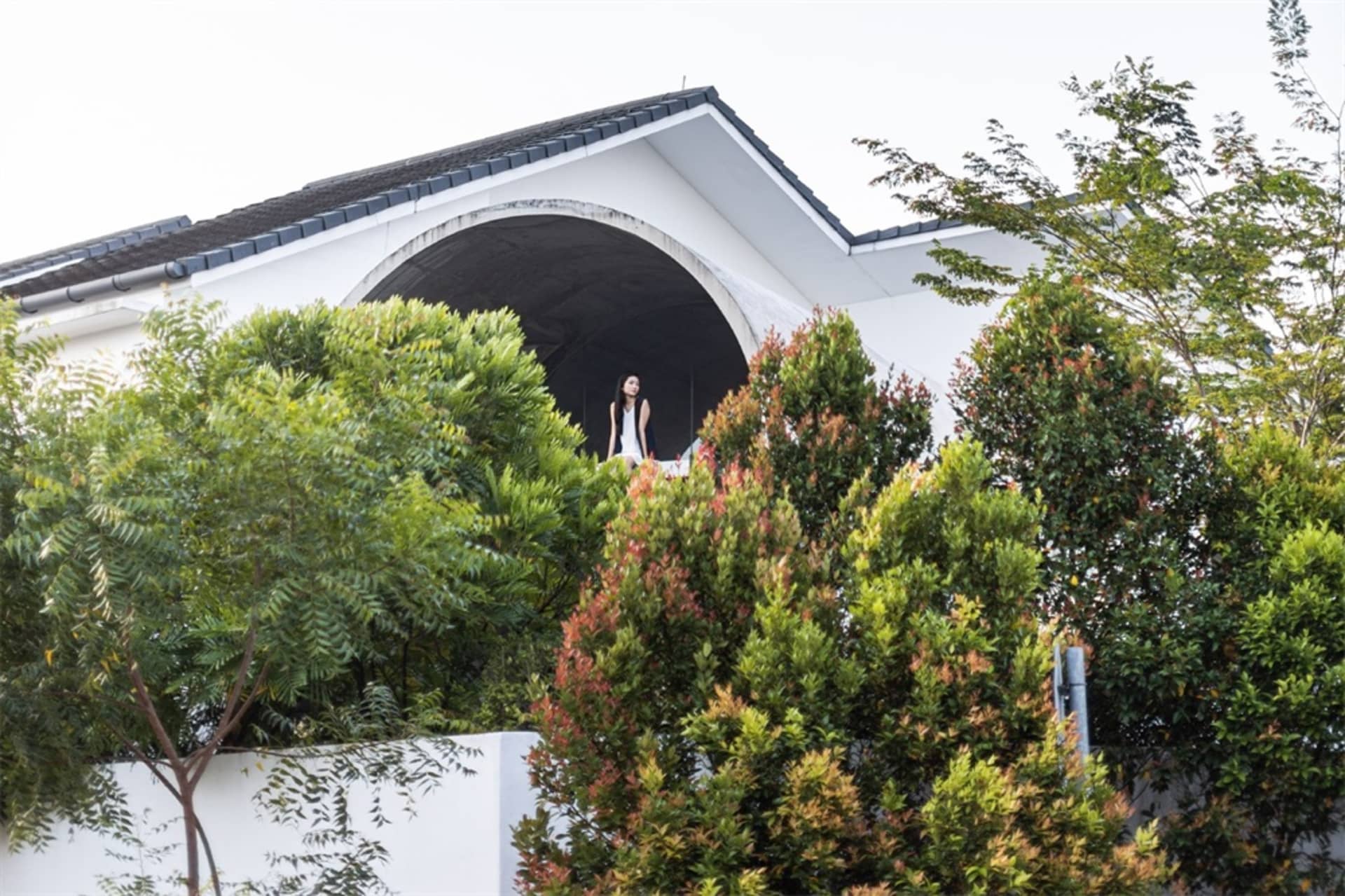 A modern exterior building with concrete walls surrounded by greenery.
