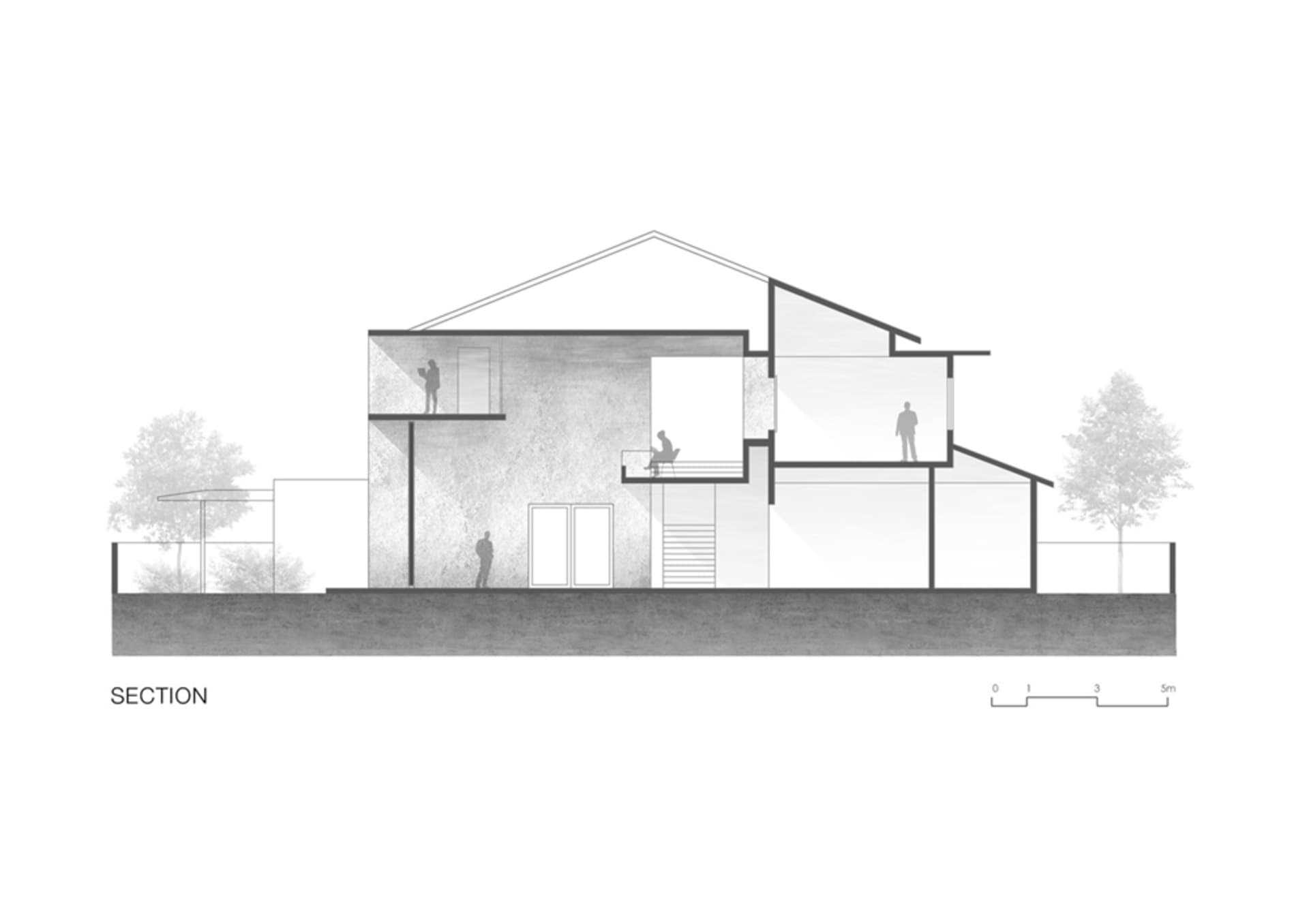 一張現代住宅的建築剖面圖，展示混凝土元素，同時呈現外部與內部構造。