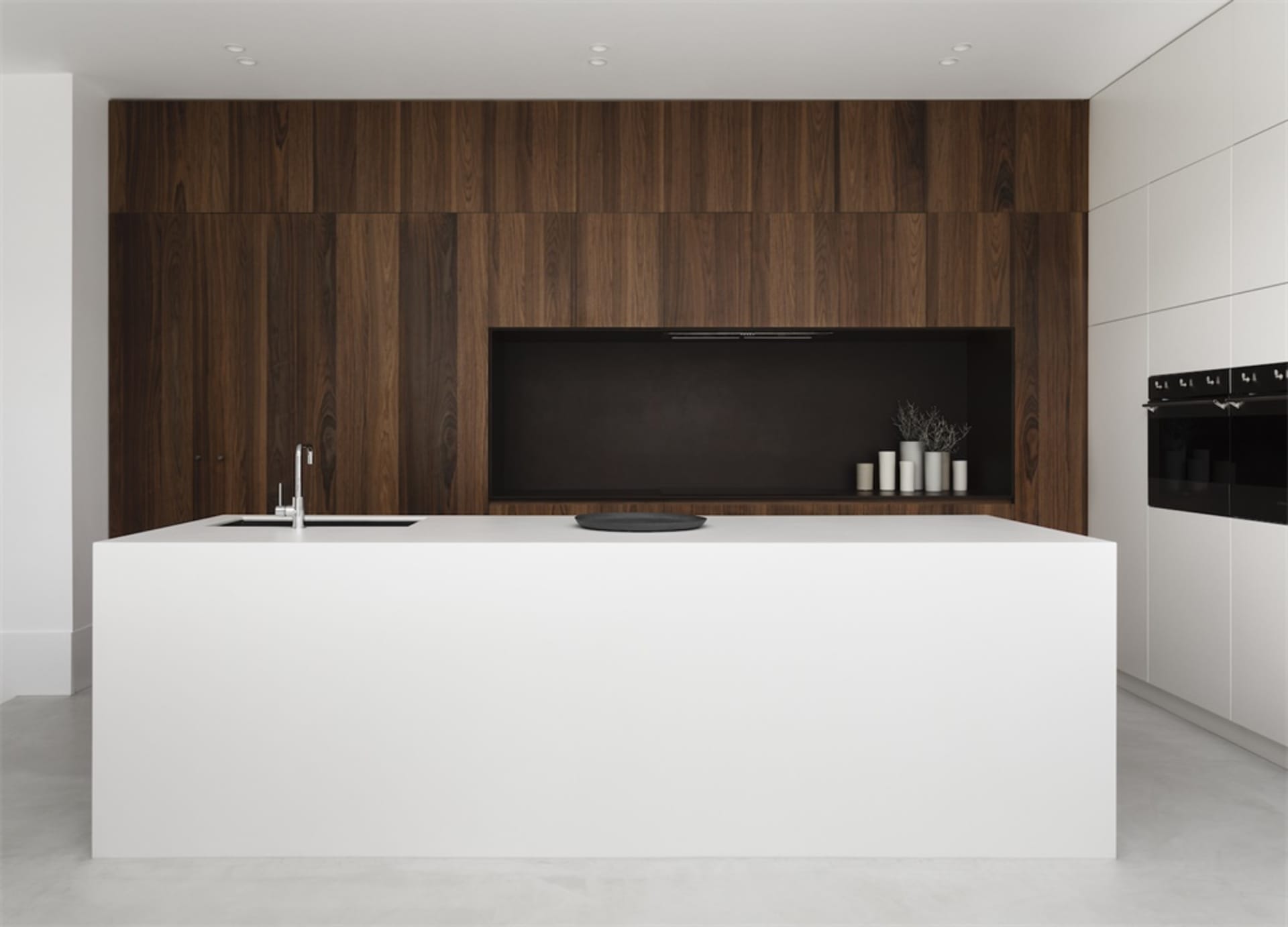 Modern kitchen with white marble countertop and wood wall