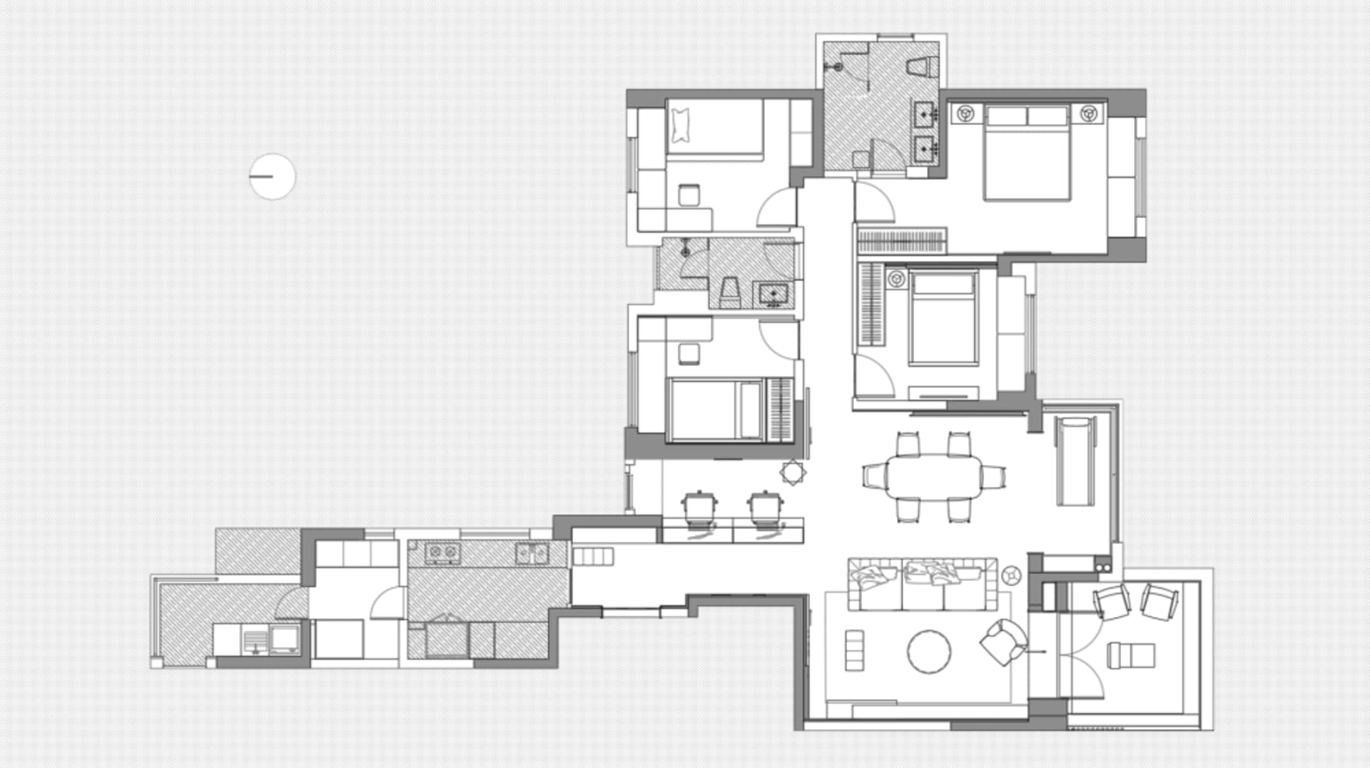 Floor plan of a modern apartment interior showing living, dining, kitchen, and bedroom spaces.