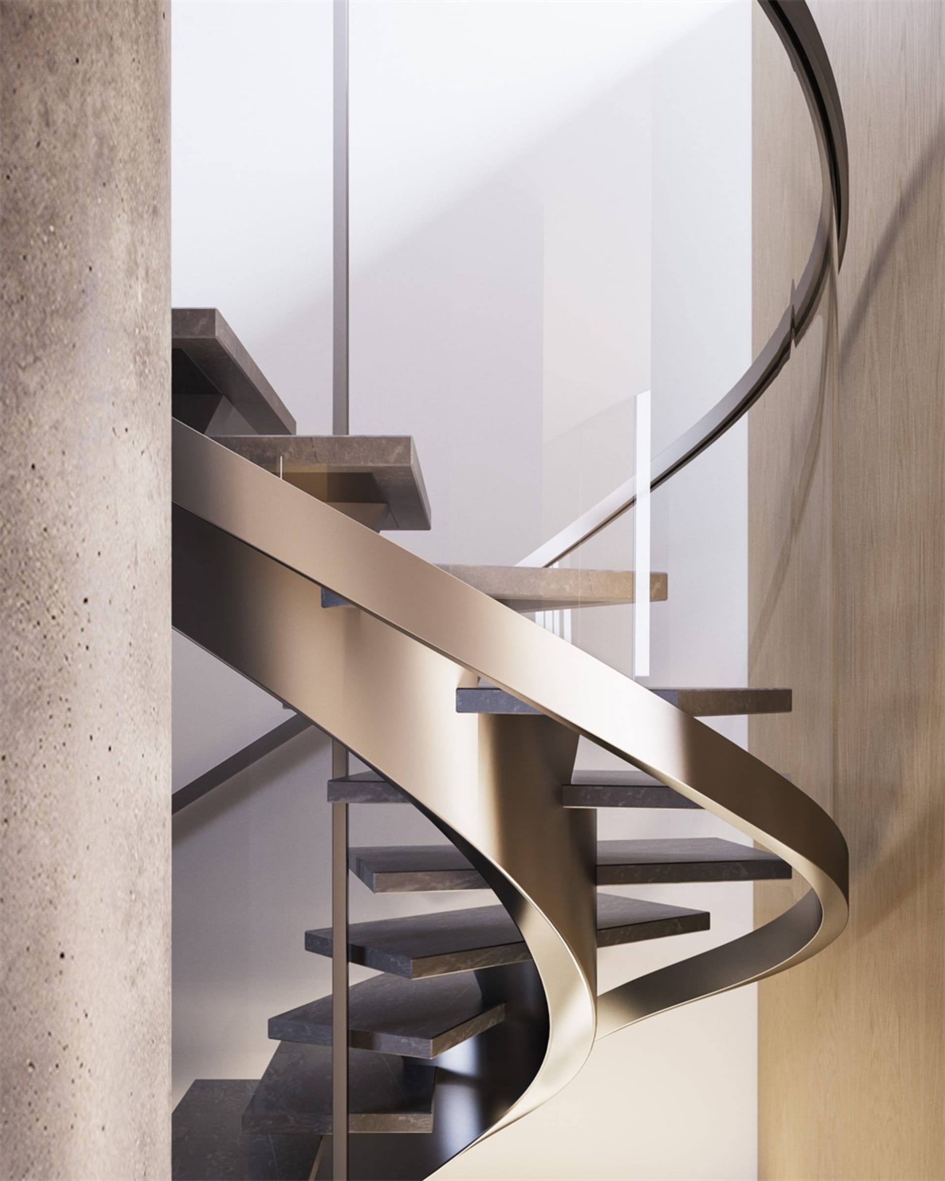 A modern interior design featuring a metal and concrete staircase with curved steps and a sleek, minimalist aesthetic.