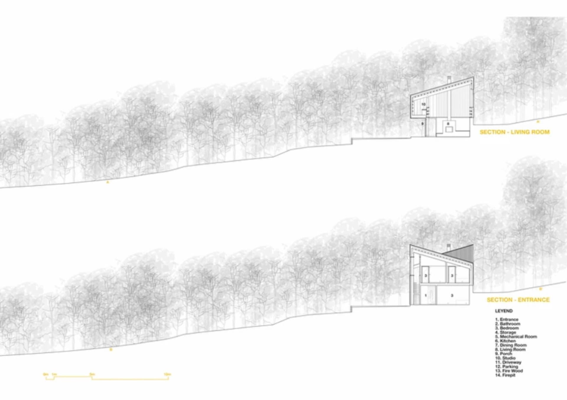 現代住宅建築剖面圖,展示客廳與入口區域。