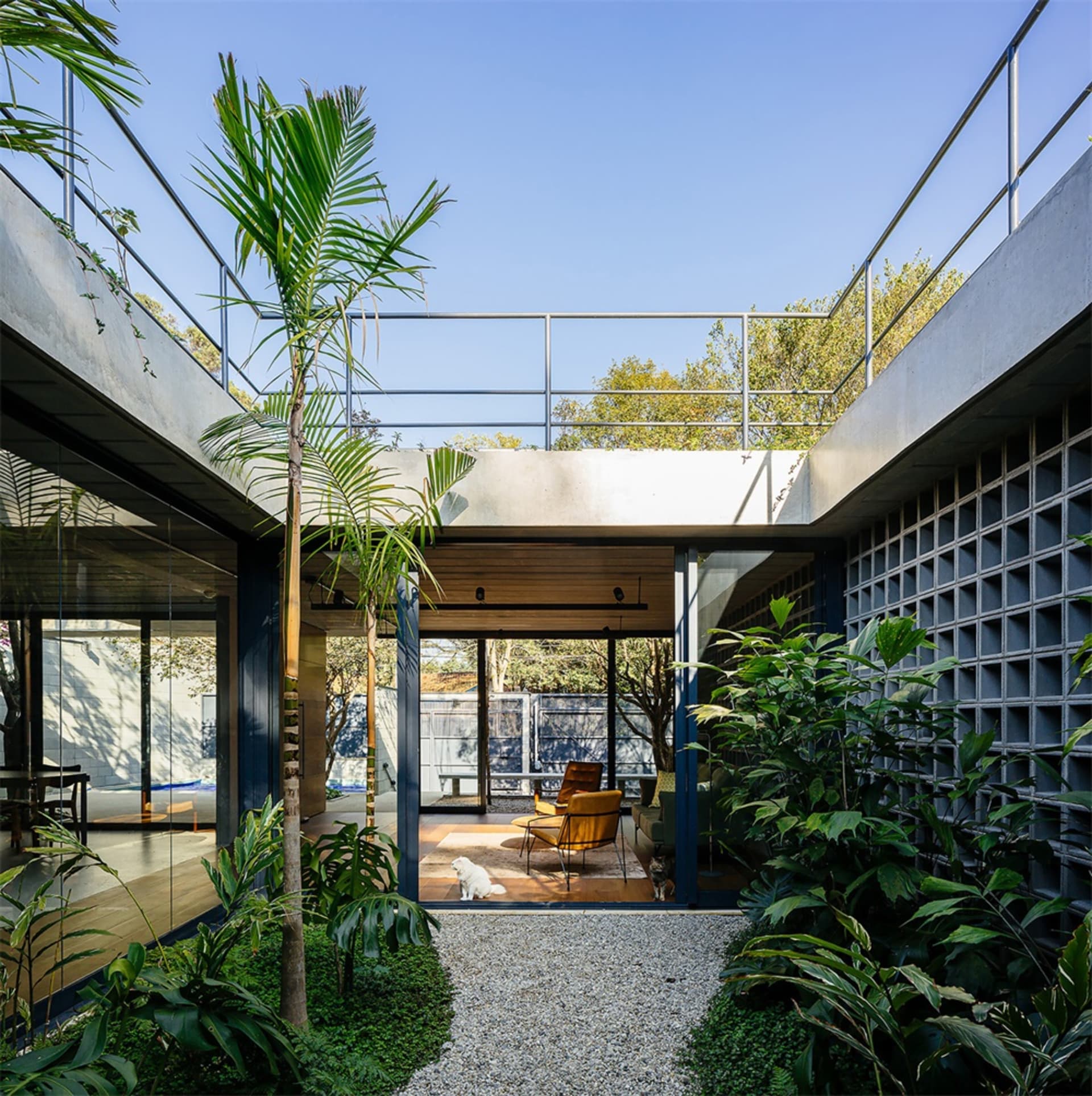 現代住宅庭院，採用混凝土地面，四周環繞茂盛綠植。