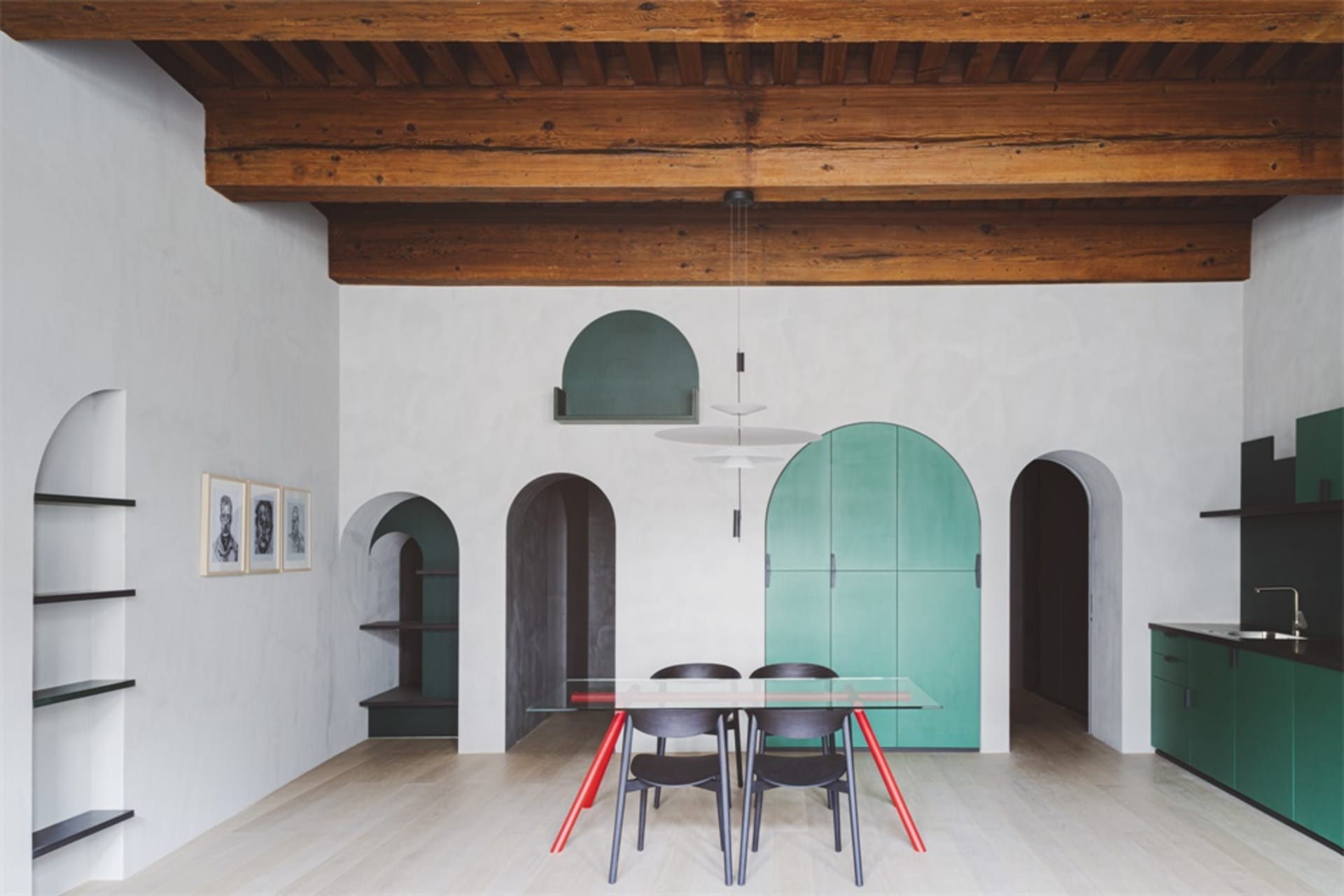 A modern interior design featuring a wooden ceiling with concrete walls and flooring.