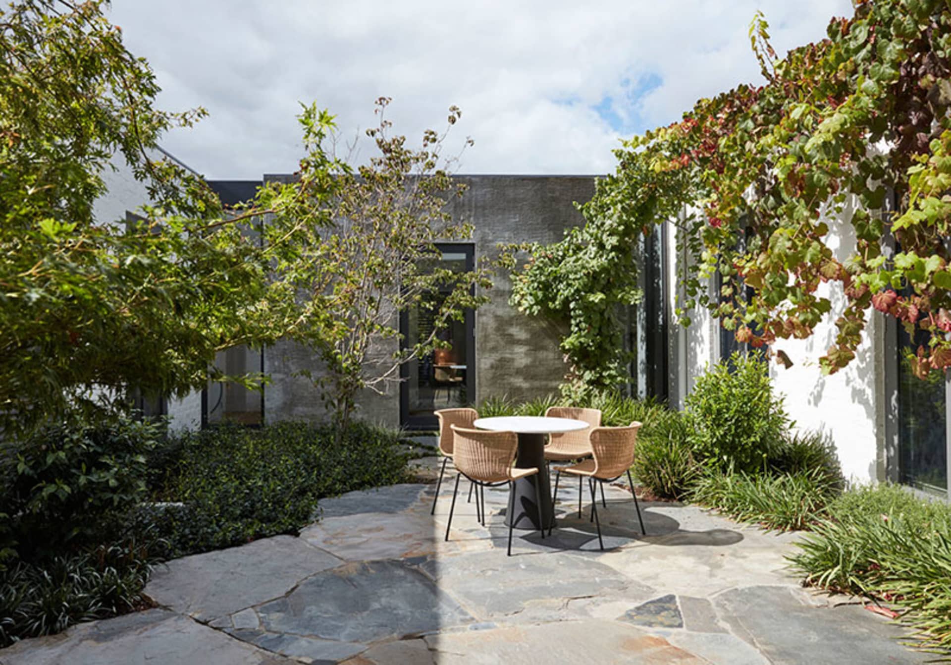 Modern residential exterior featuring stone pavers and lush plant life