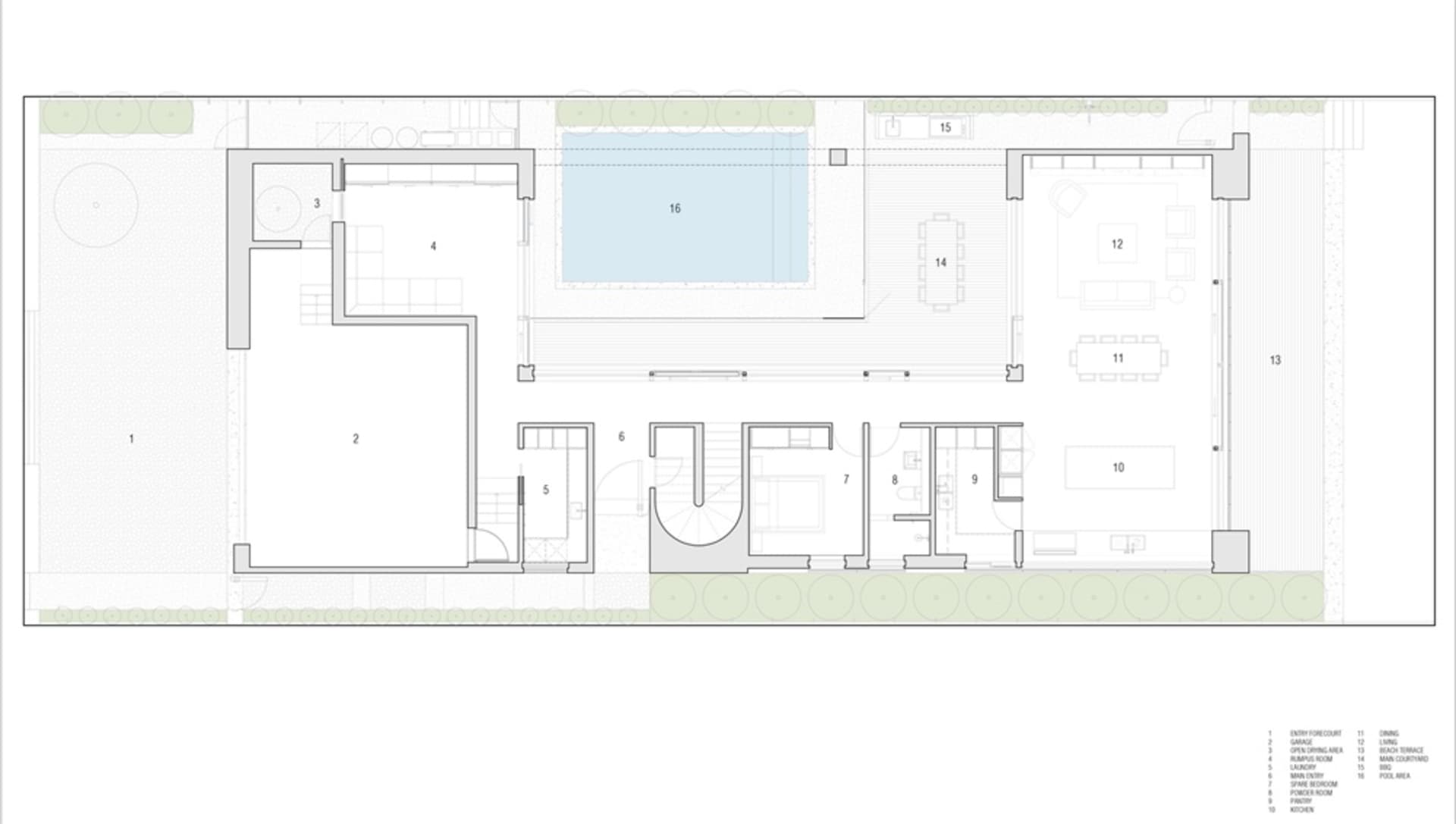 簡化現代住宅平面圖,展示開放式客廳、餐廳、廚房與臥室
