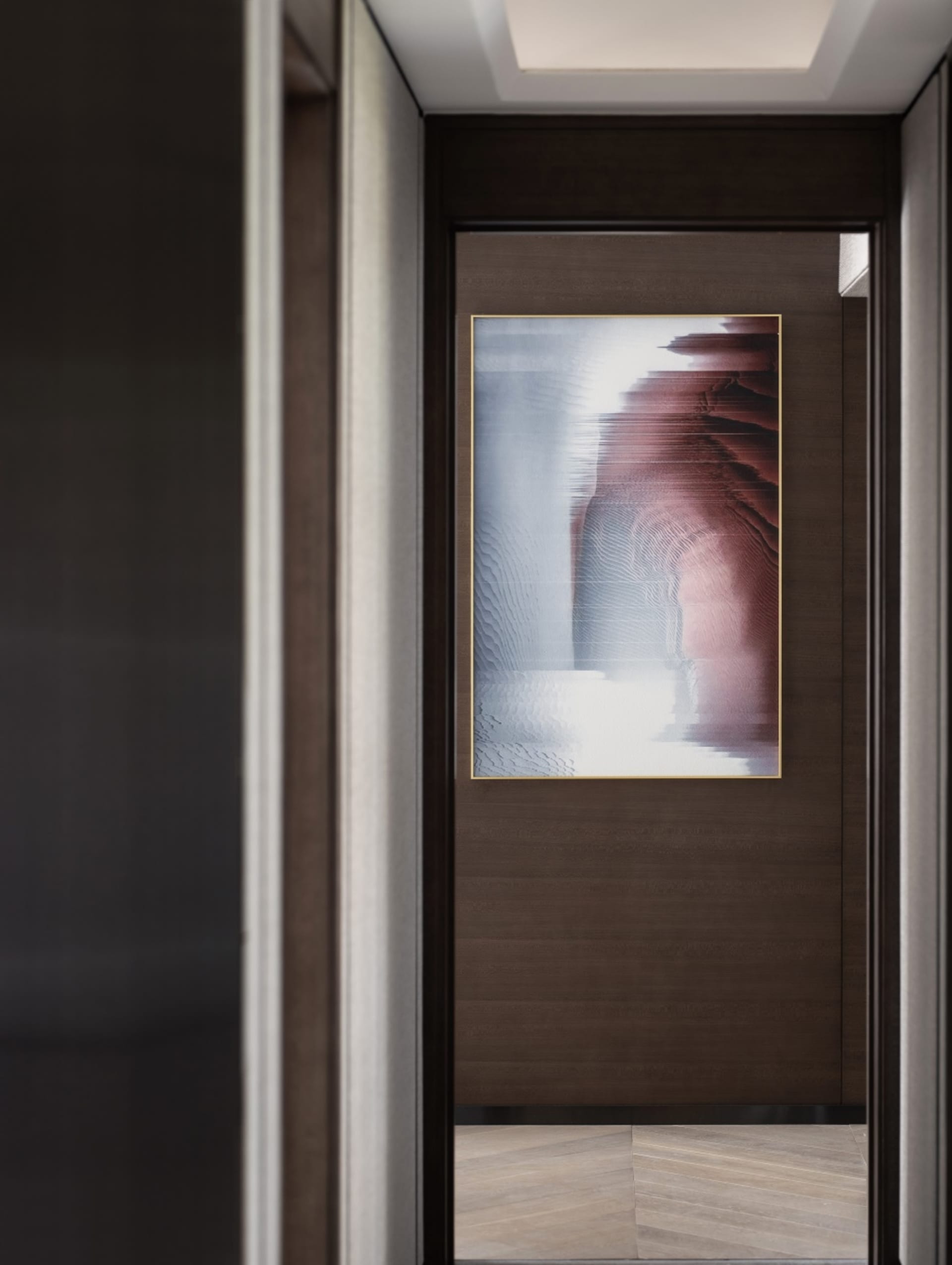 A modern door with an abstract painting frame in a minimalist style.
