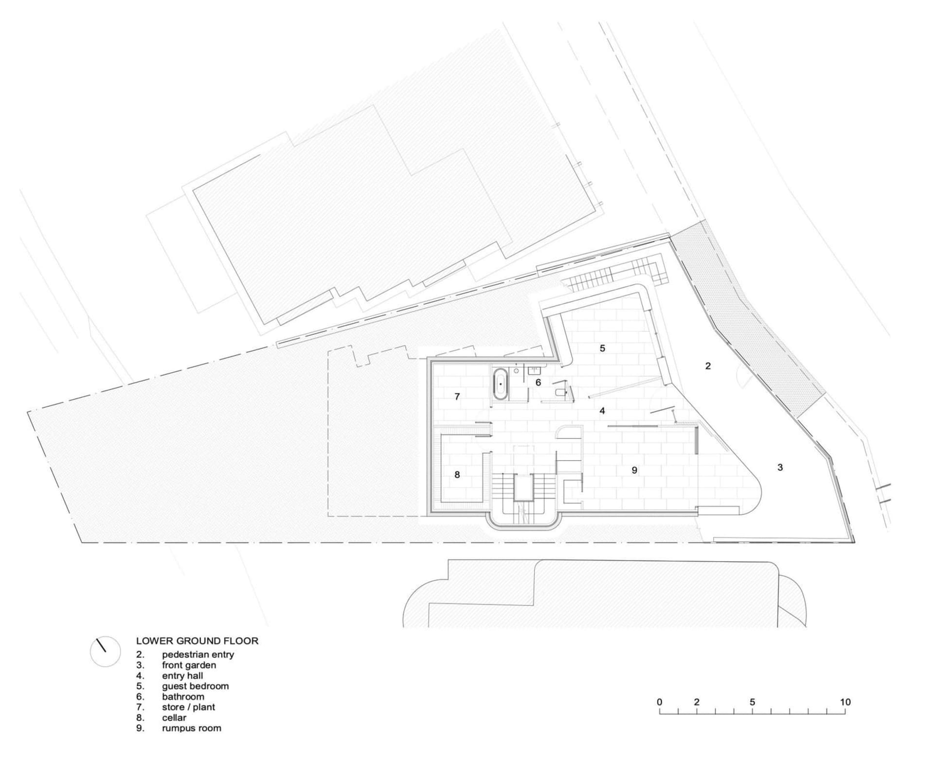 A 2D architectural drawing of a house's ground floor plan, showing the layout of rooms and spaces.