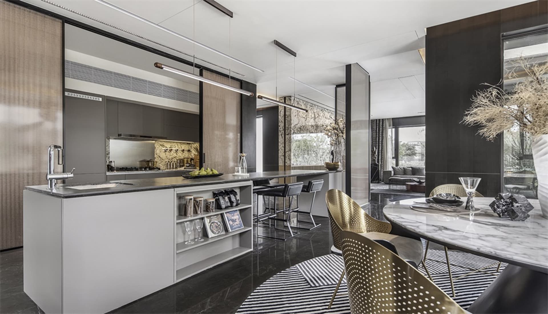 Modern, minimalist residential kitchen with black and white flooring.