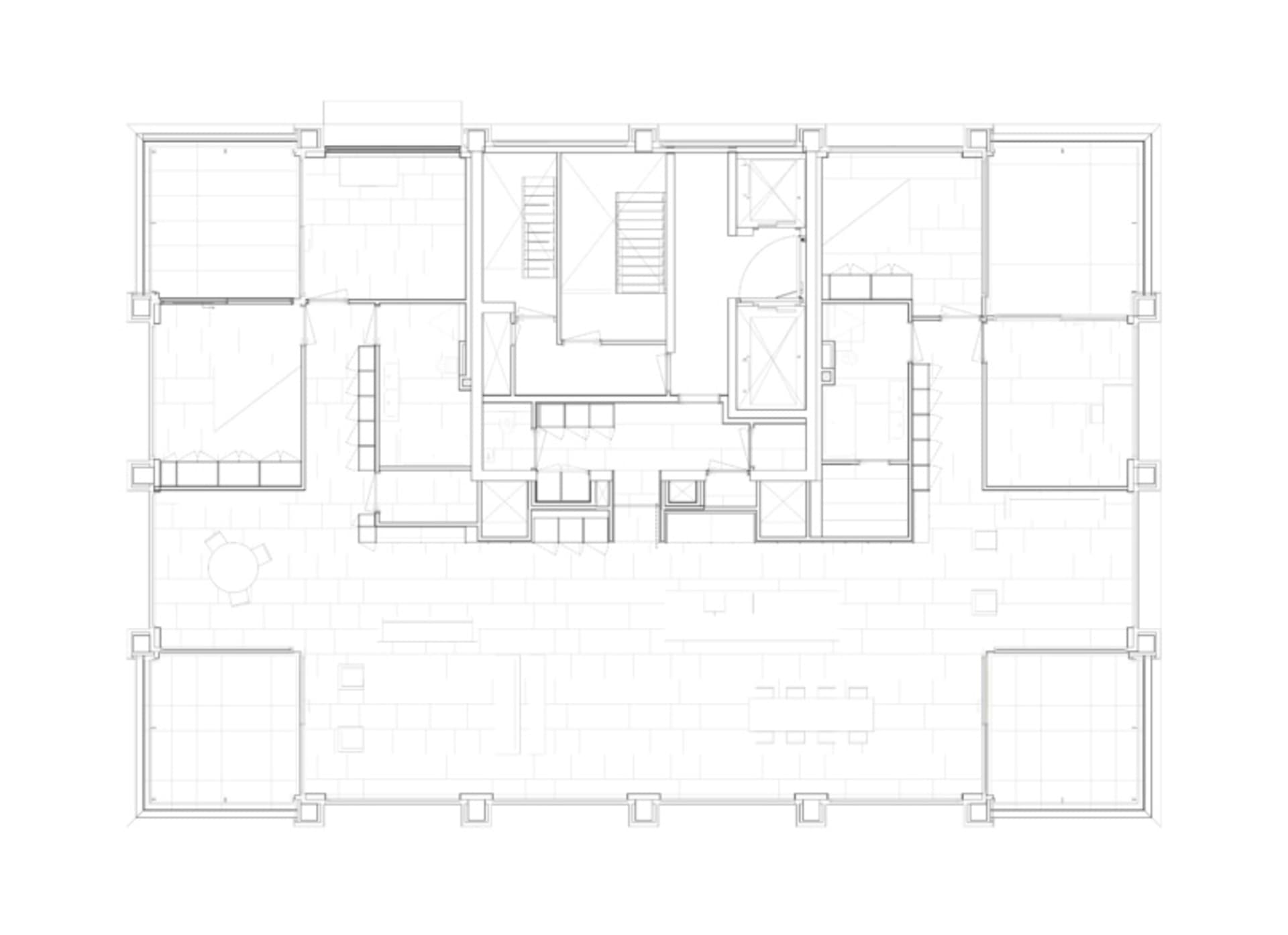A detailed architectural line drawing of an apartment's floor layout and fixtures.