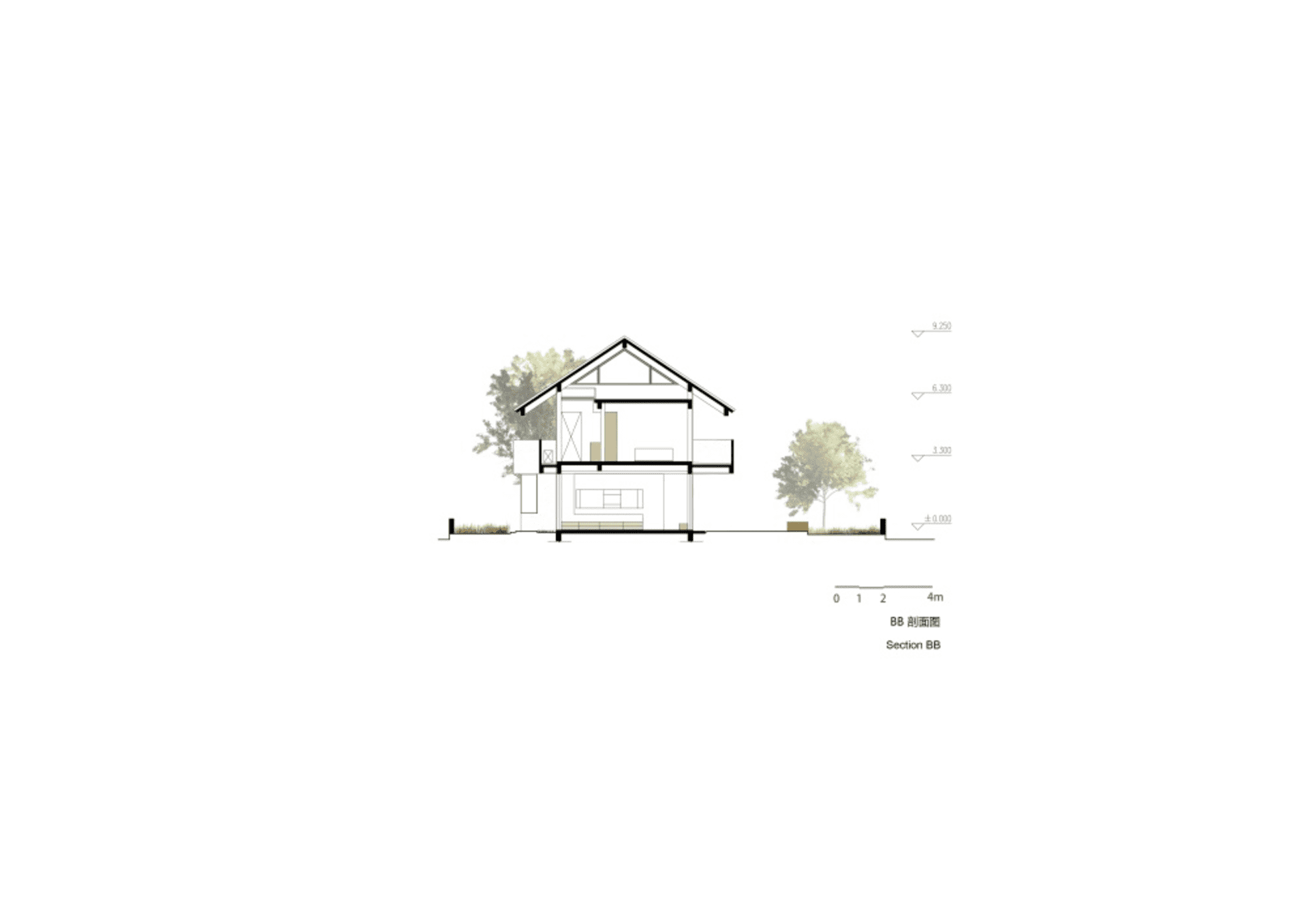 A simple section plan of a modern house showing the interior and exterior dimensions.