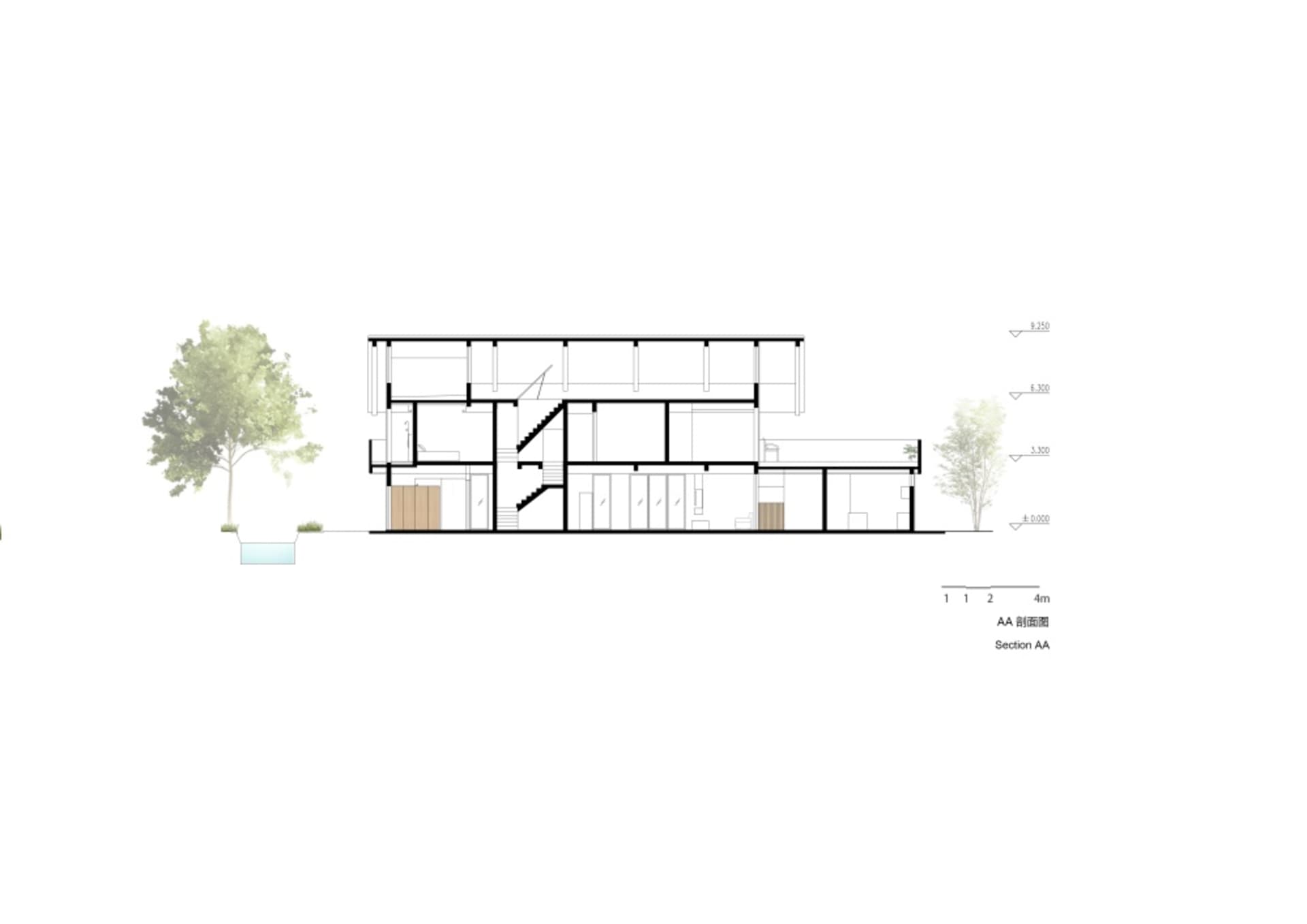 A detailed architectural floor plan of a modern residence featuring multiple rooms and open spaces.