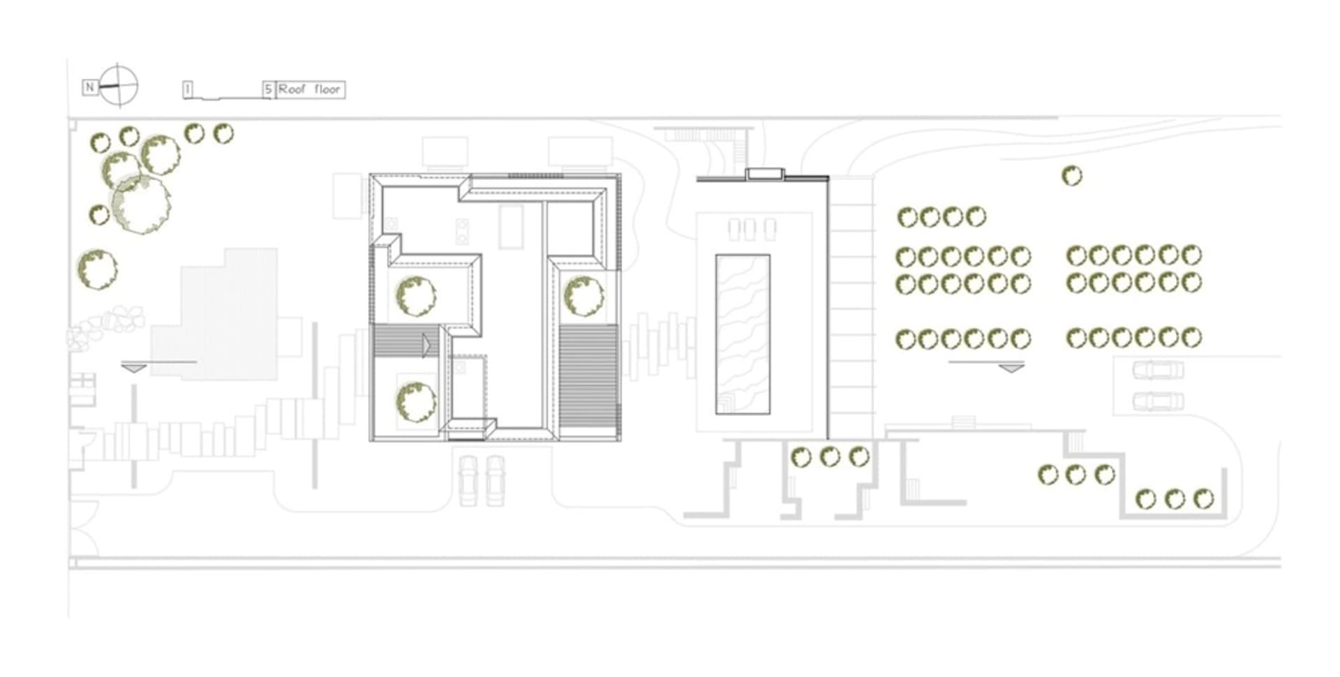 A 2D architectural drawing depicting a building's layout and design.