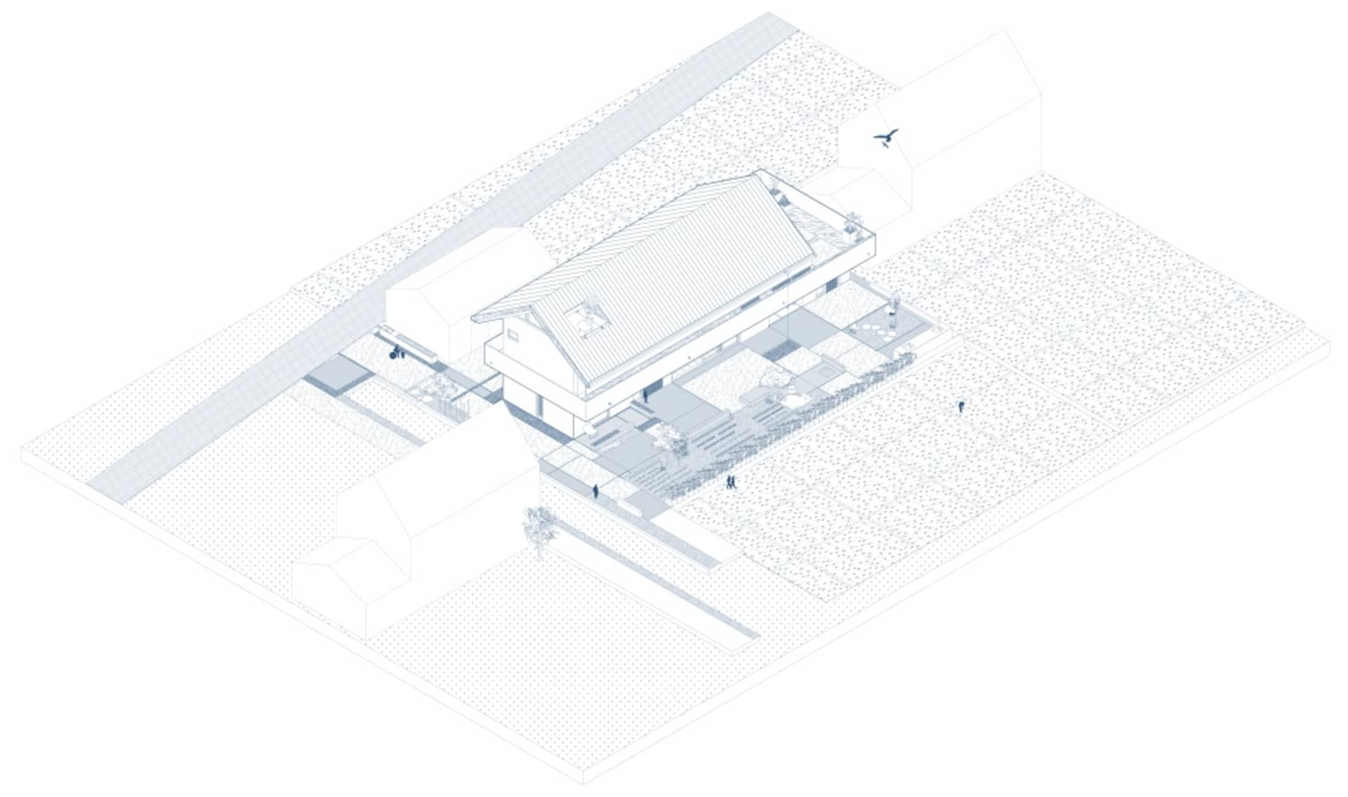 Building with concrete, glass, and wooden elements as seen from above, with a floor plan layout.