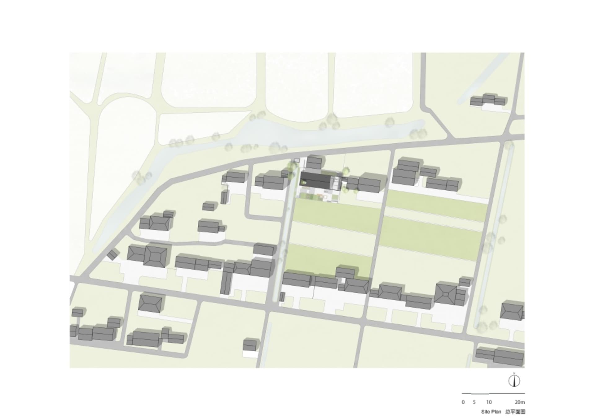 都市開發基地計畫的2D建築圖，顯示建築物、道路與開放空間。