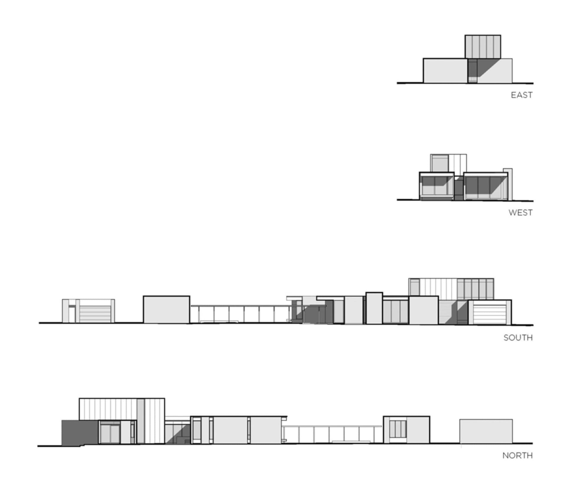 一張技術建築圖,顯示房屋在四個不同方向(東、西、南、北)的剖面視圖