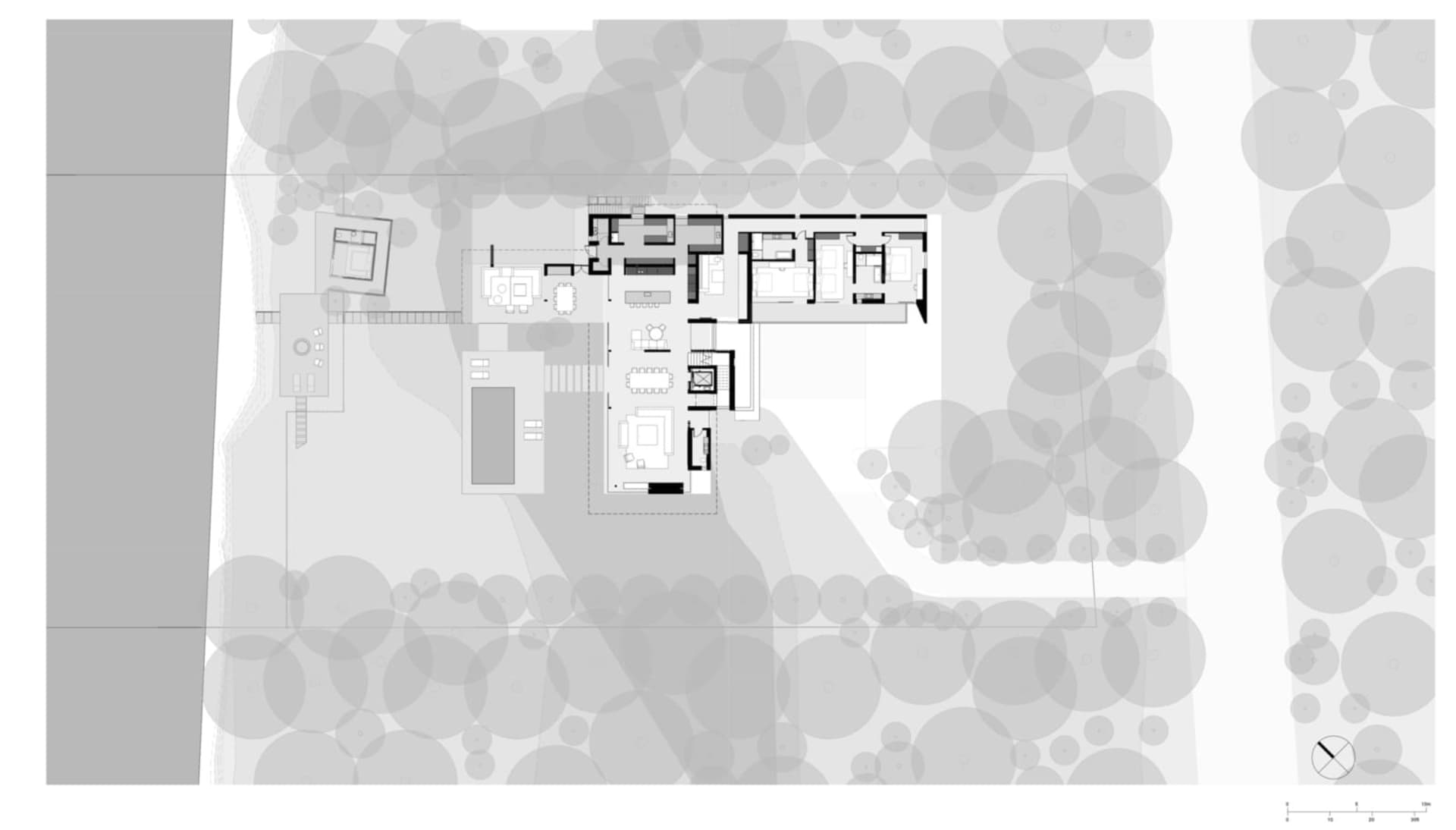 Modern residential architectural floor plan on graphite paper