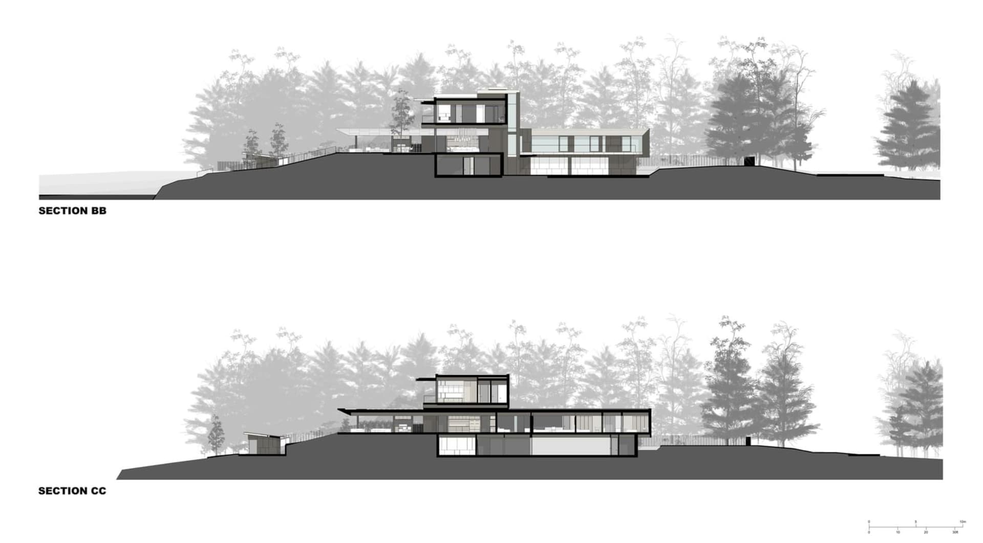 An architectural rendering of a modern residential design featuring a sloped roof and open layout.
