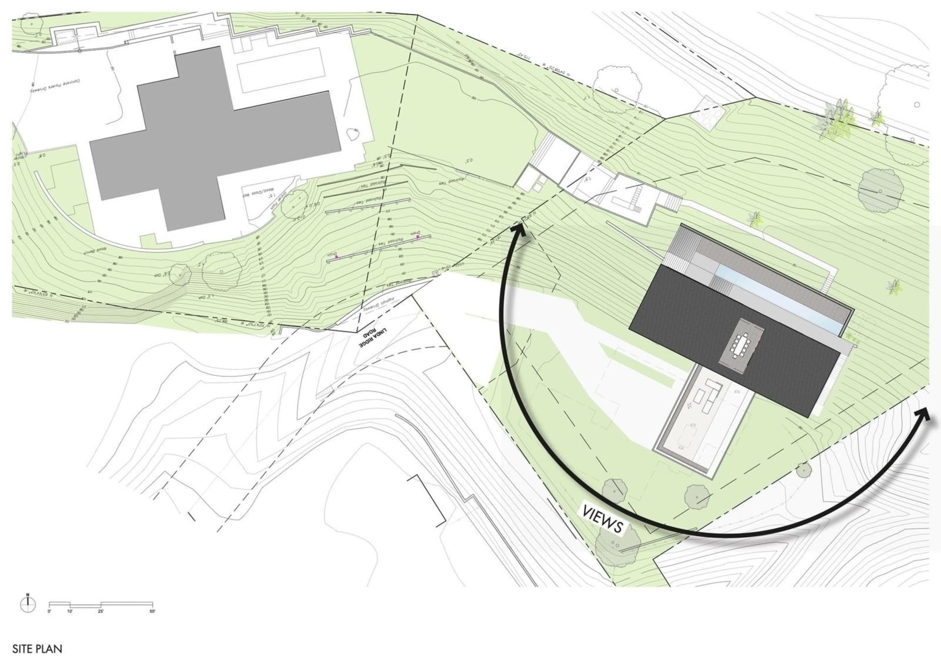 一張詳細的建築基地平面圖，展示現代建築與周邊景觀。