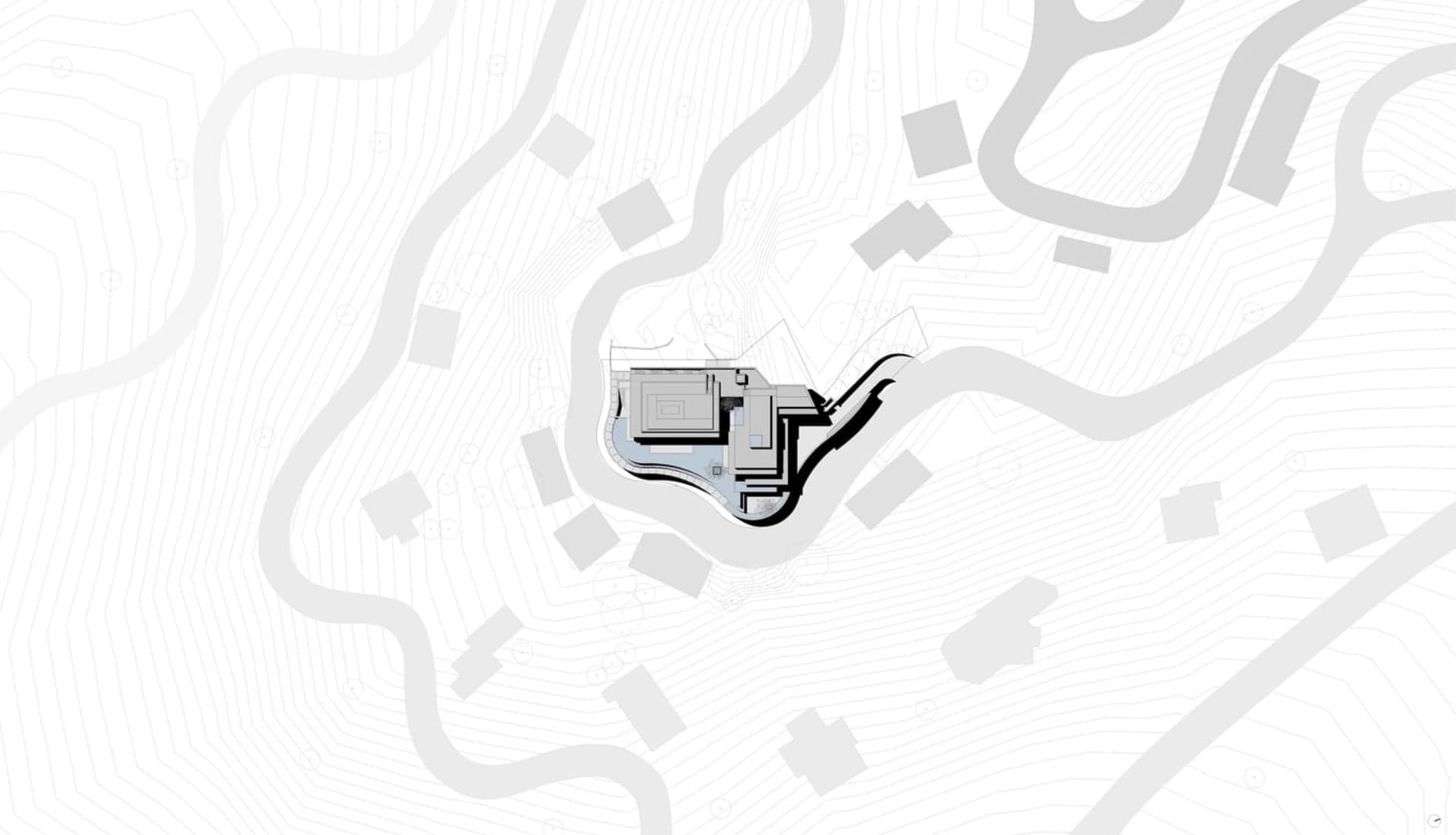 Modern architectural floor plan featuring white lines and shapes on a white background.