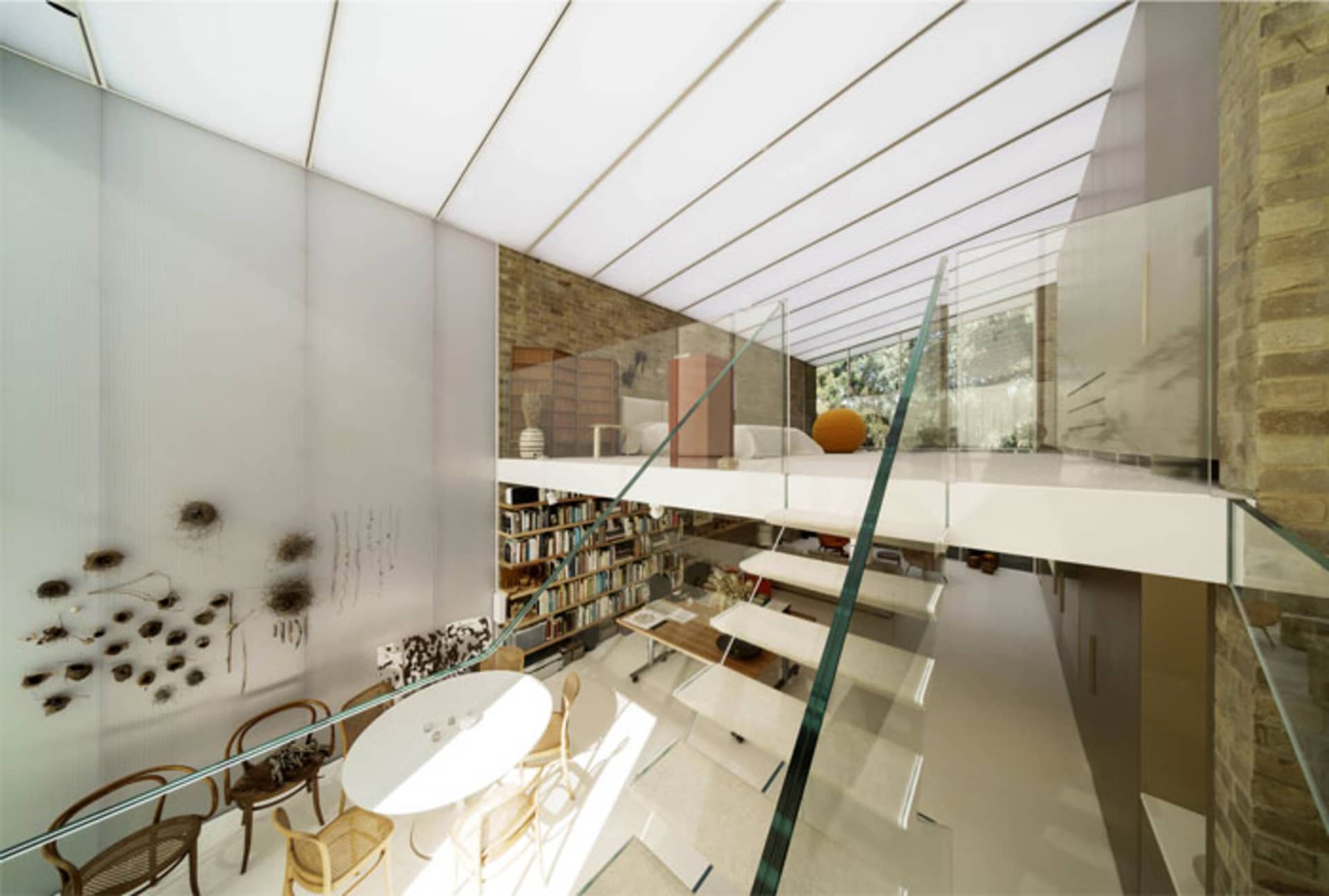 An elegant, contemporary interior design featuring a glass roof and modern furniture.