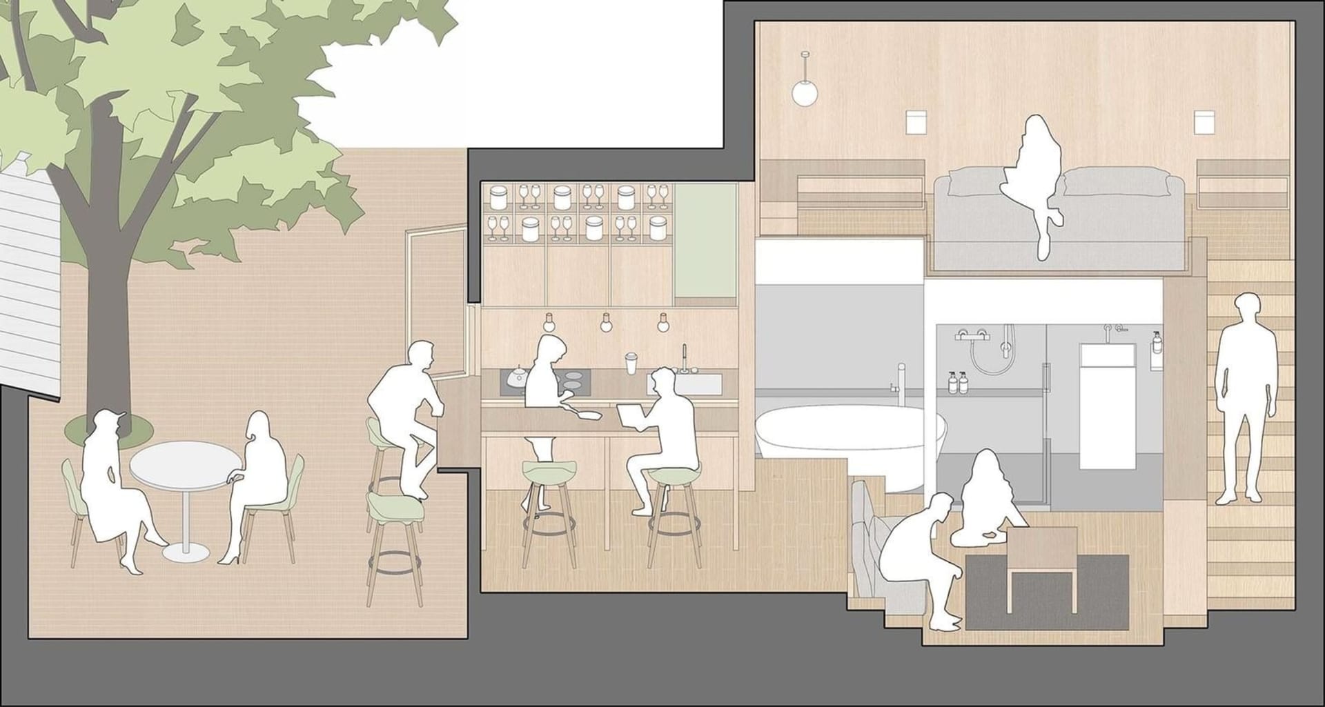 An illustration of a modern residential living space with contemporary furniture, hardwood floors, and large windows.