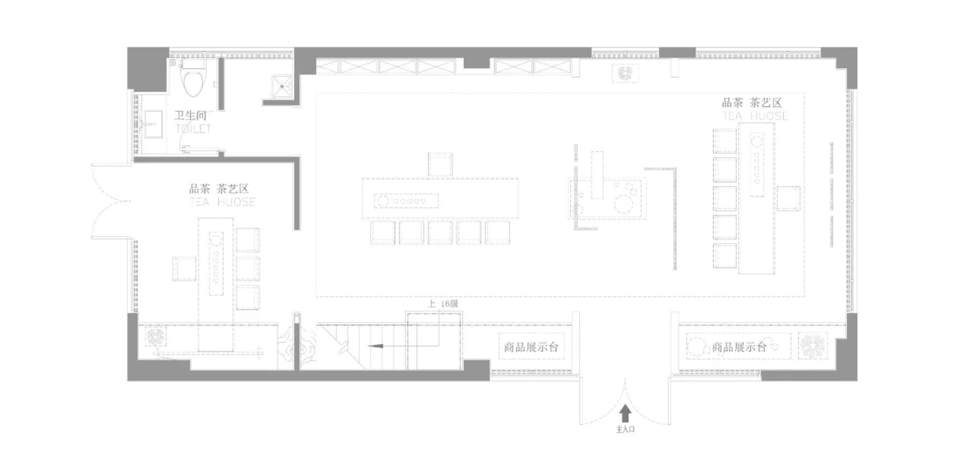 A detailed architectural plan of a tea house, showing the layout of various functional zones such as the tea enjoyment area,