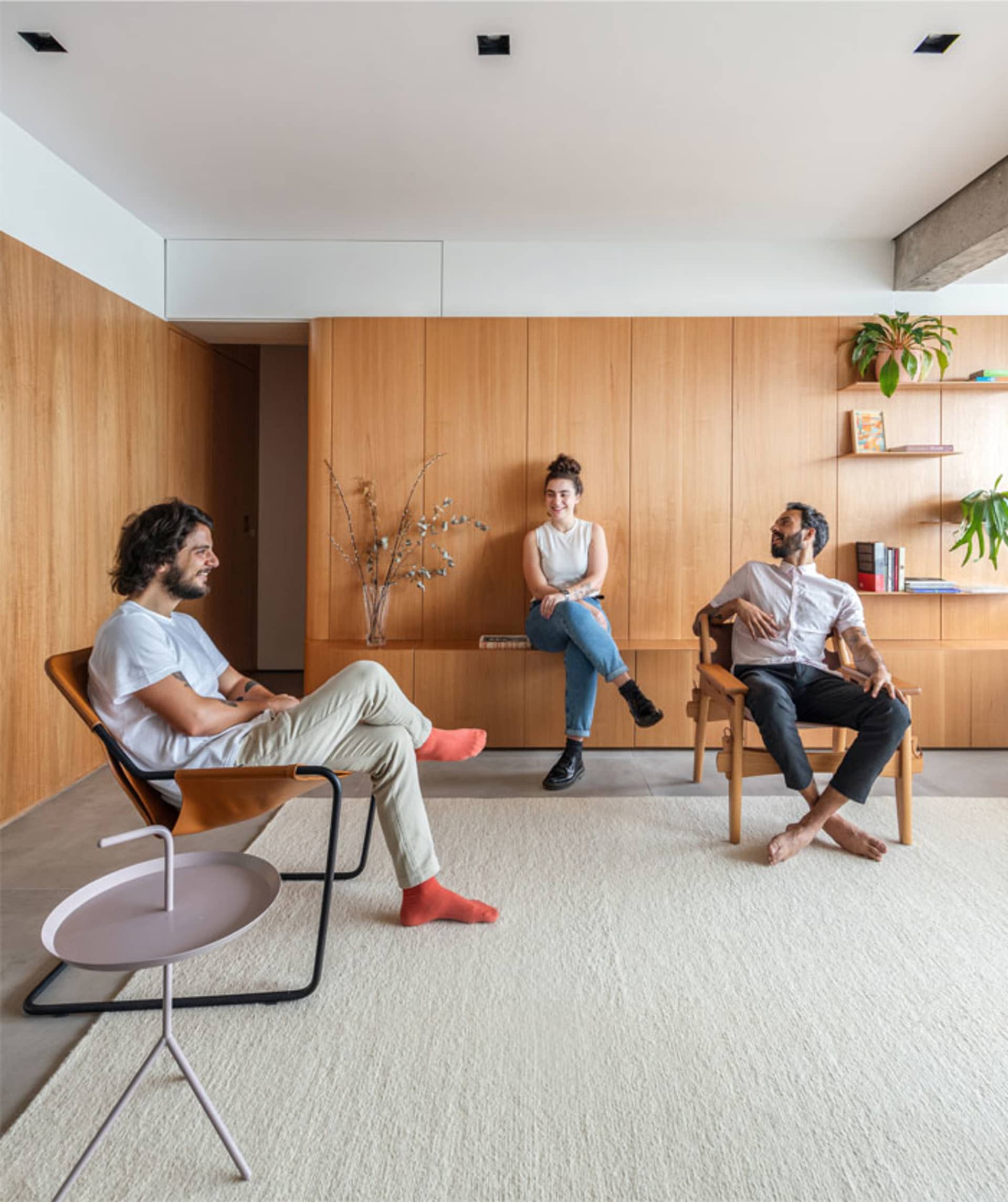 A modern living room with three people sitting on chairs, wooden cabinets, and potted plants.