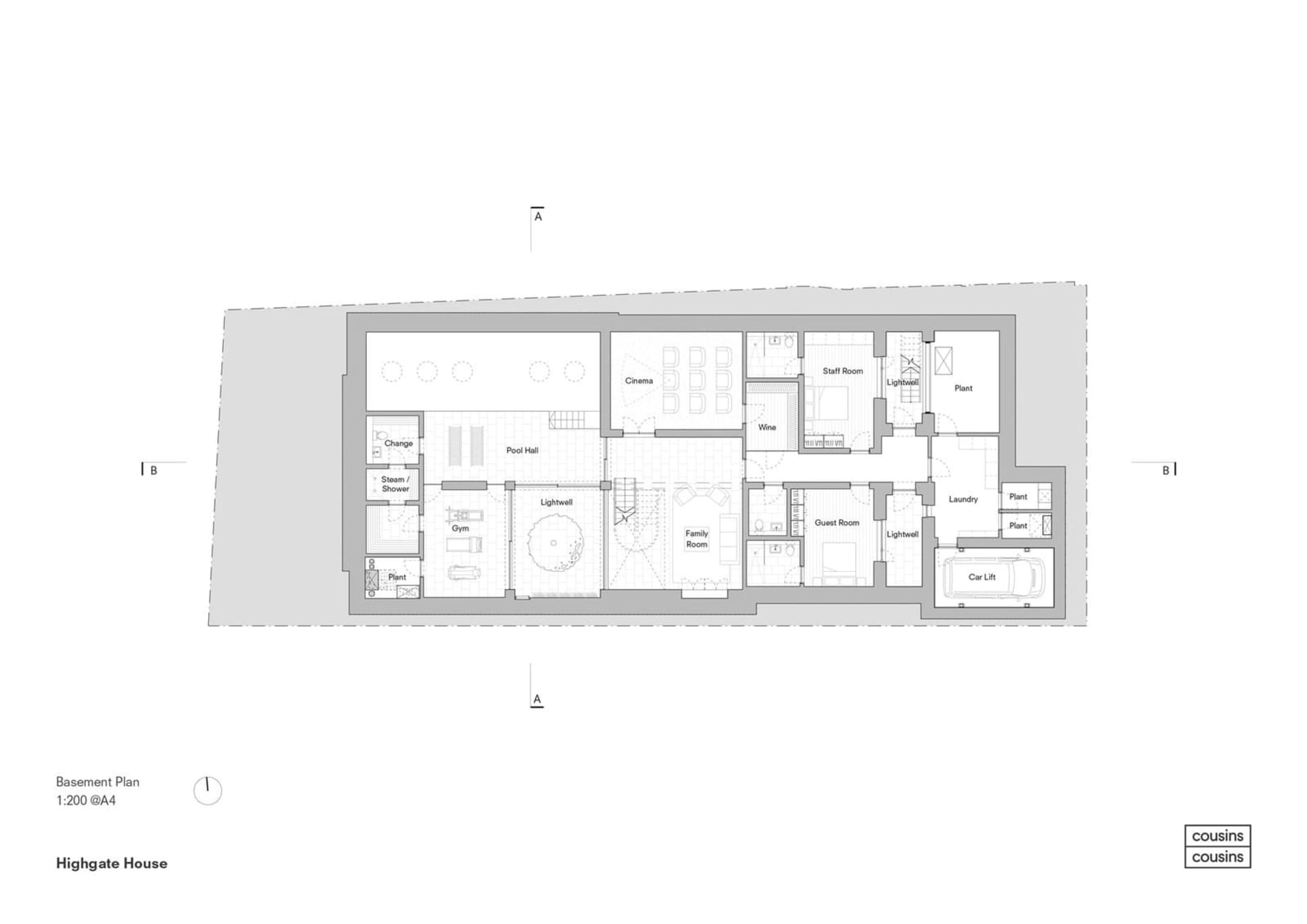 A detailed architectural floor plan of a modern house's basement, showcasing various functional rooms such as a cinema, famil