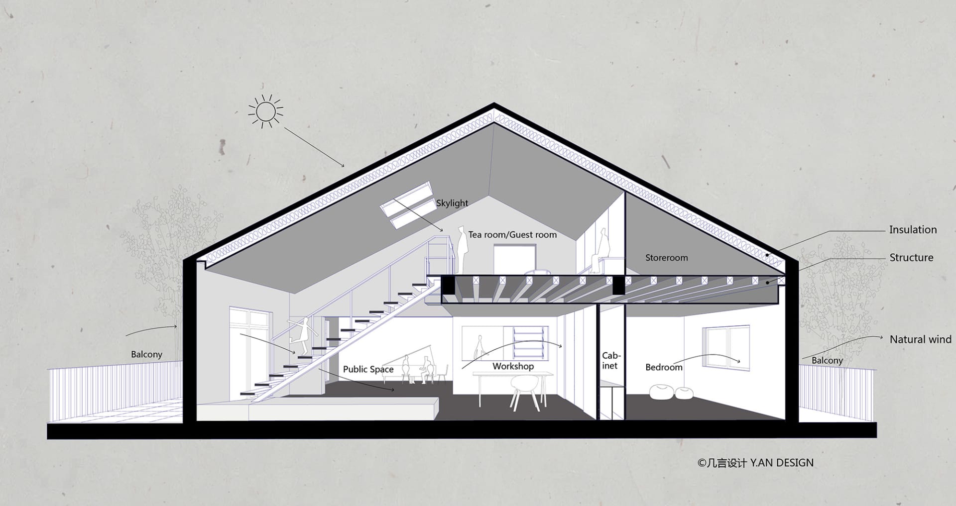 Cross-section diagram of a modern residential interior with wooden elements, glass windows, and a concrete structure.