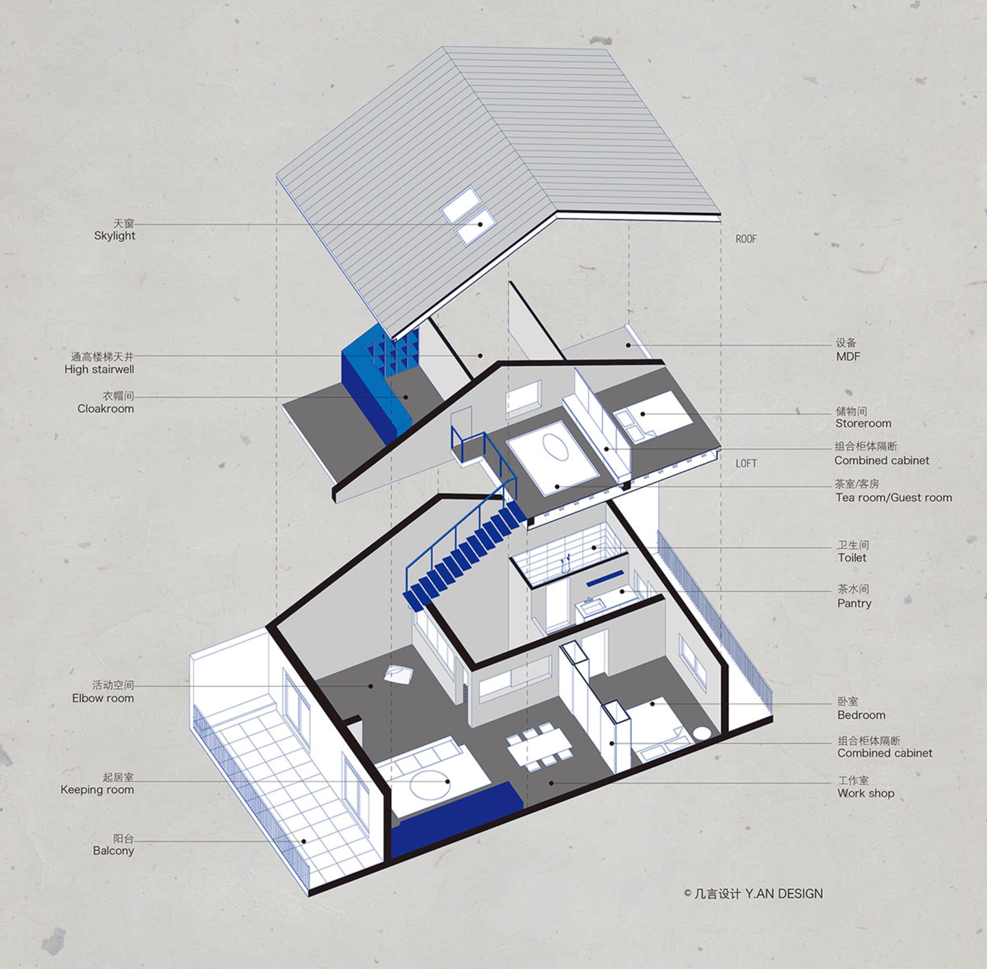 現代住宅建築的剖面平面圖,展示各功能區域。