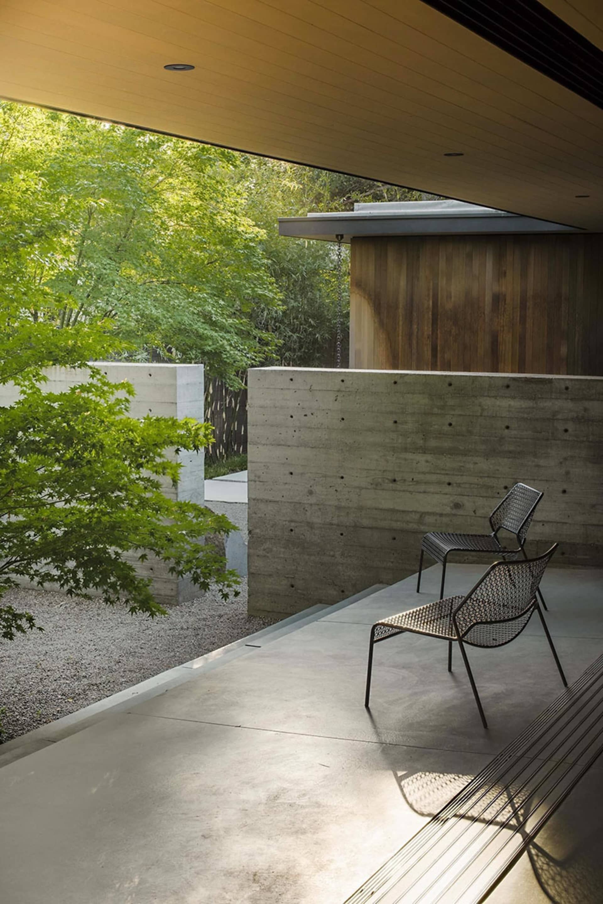 A modern outdoor space featuring concrete paving, a wooden wall, and greenery.