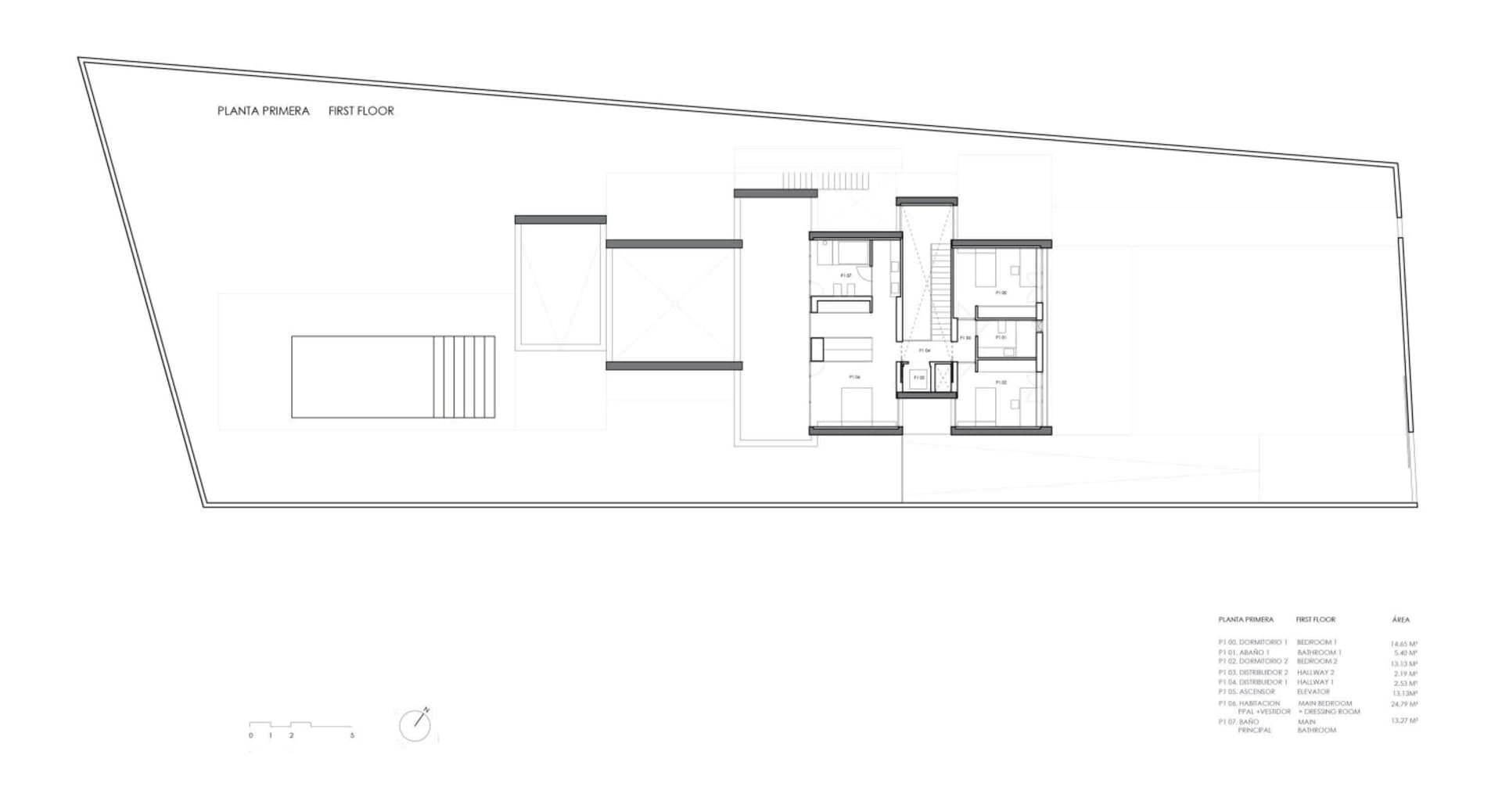 現代住宅建築平面圖,展示一樓臥室、衛浴與公共區域的配置。