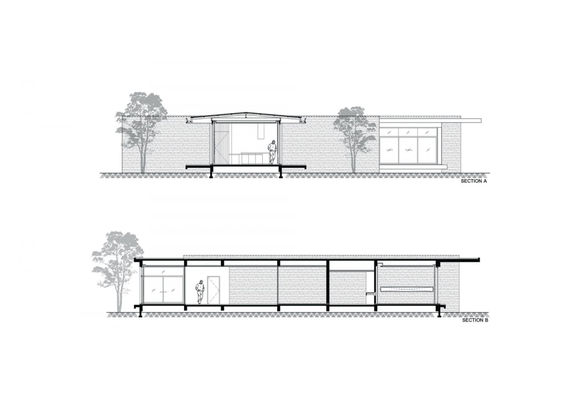 A line drawing depicting the exterior of a modern architectural design featuring brick and concrete materials.
