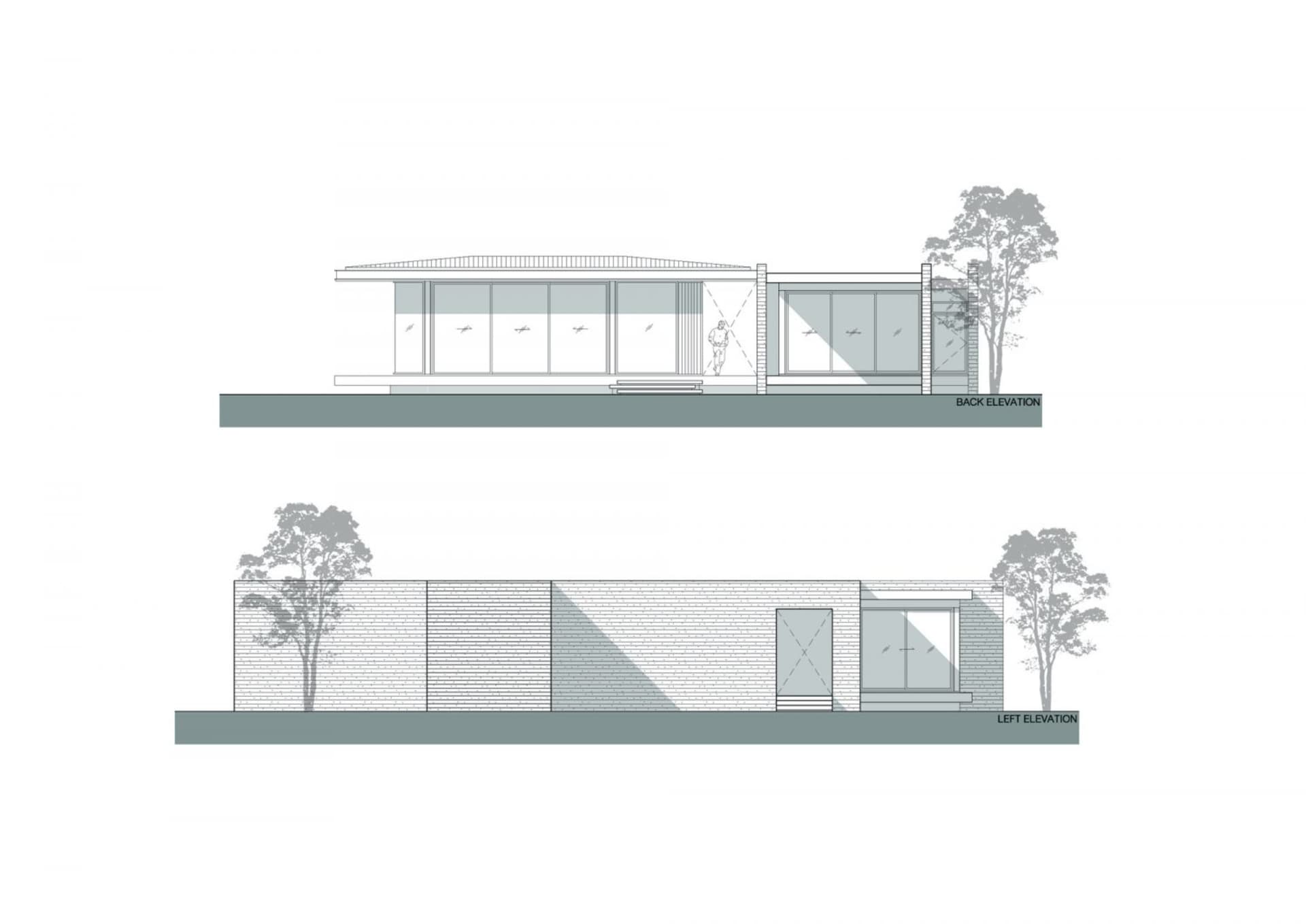 A modern building exterior with brick, glass, and concrete materials.
