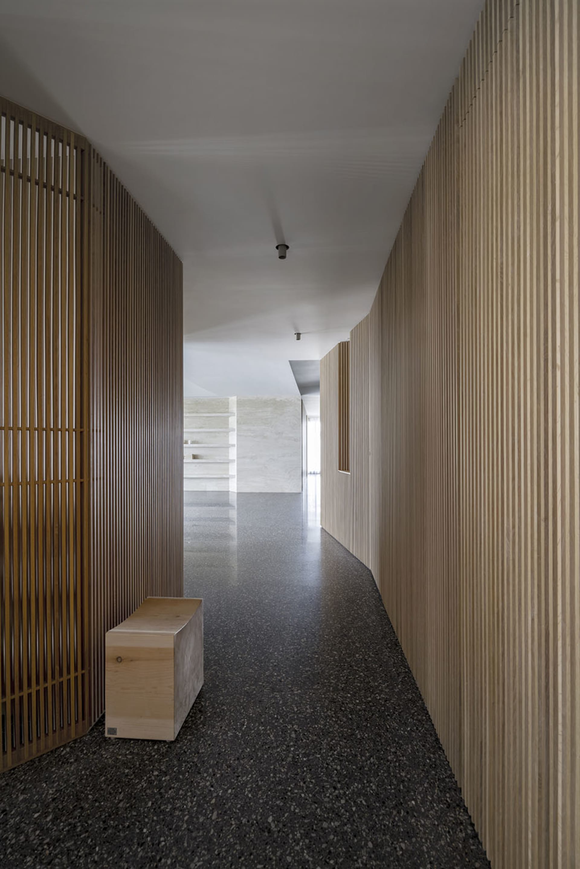 A modern minimalist hallway featuring wooden walls and polished concrete flooring.
