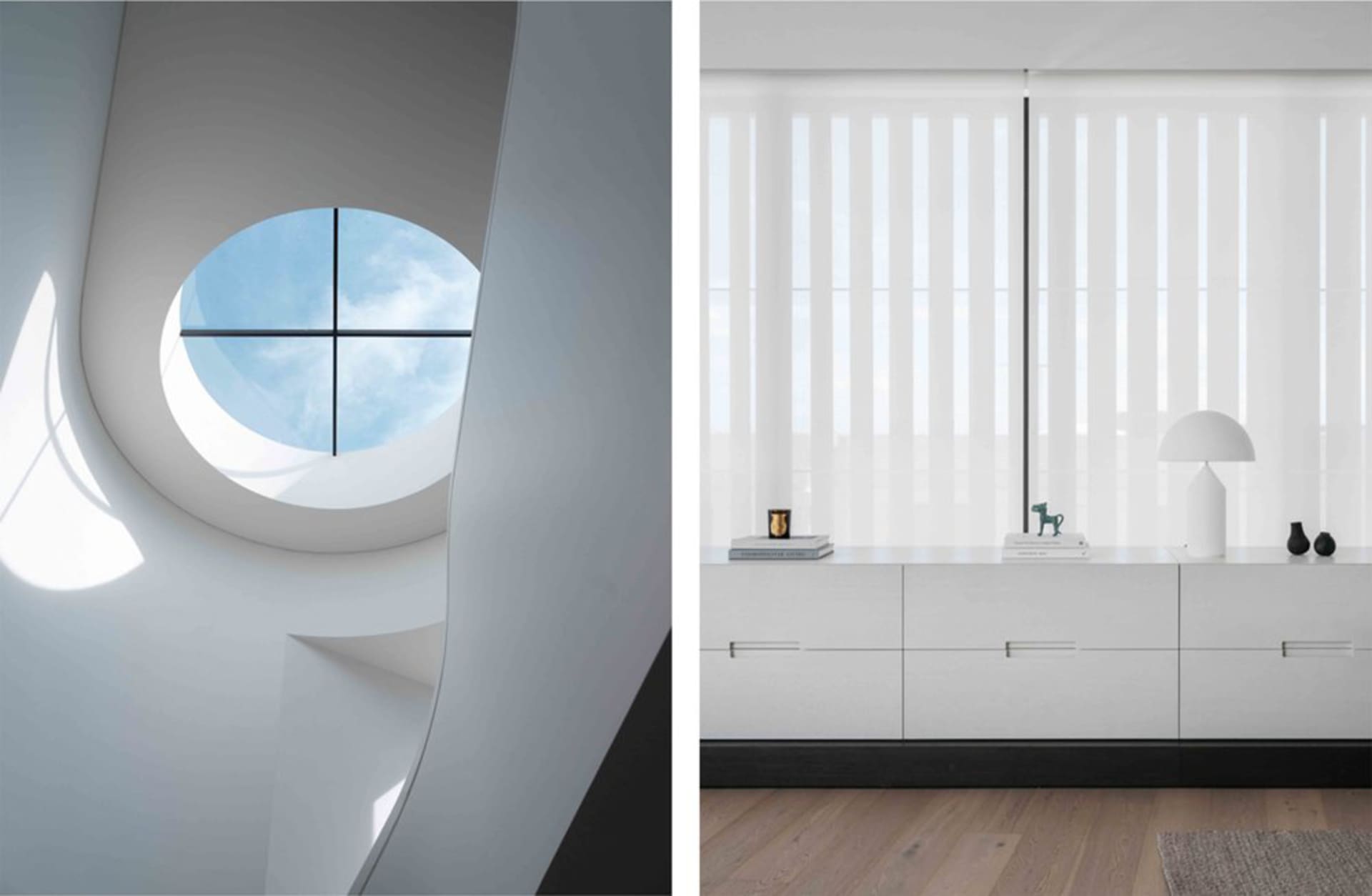 Modern interior design featuring large glass windows.