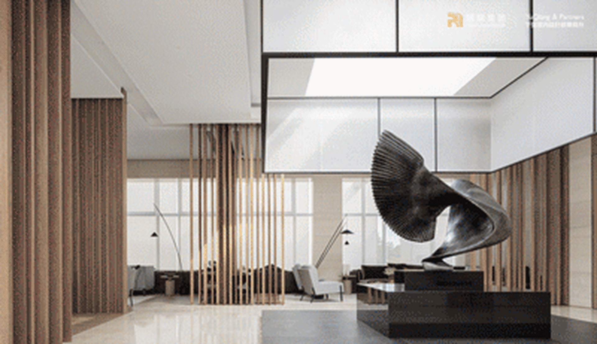 A modern office space featuring concrete walls, glass partitions, and metal accents.
