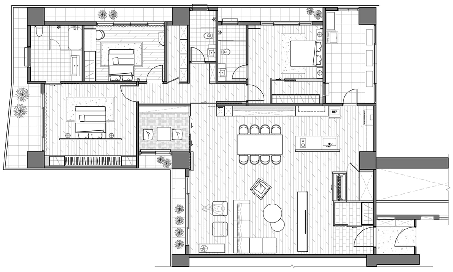 A detailed 2D architectural drawing of a residential interior layout.