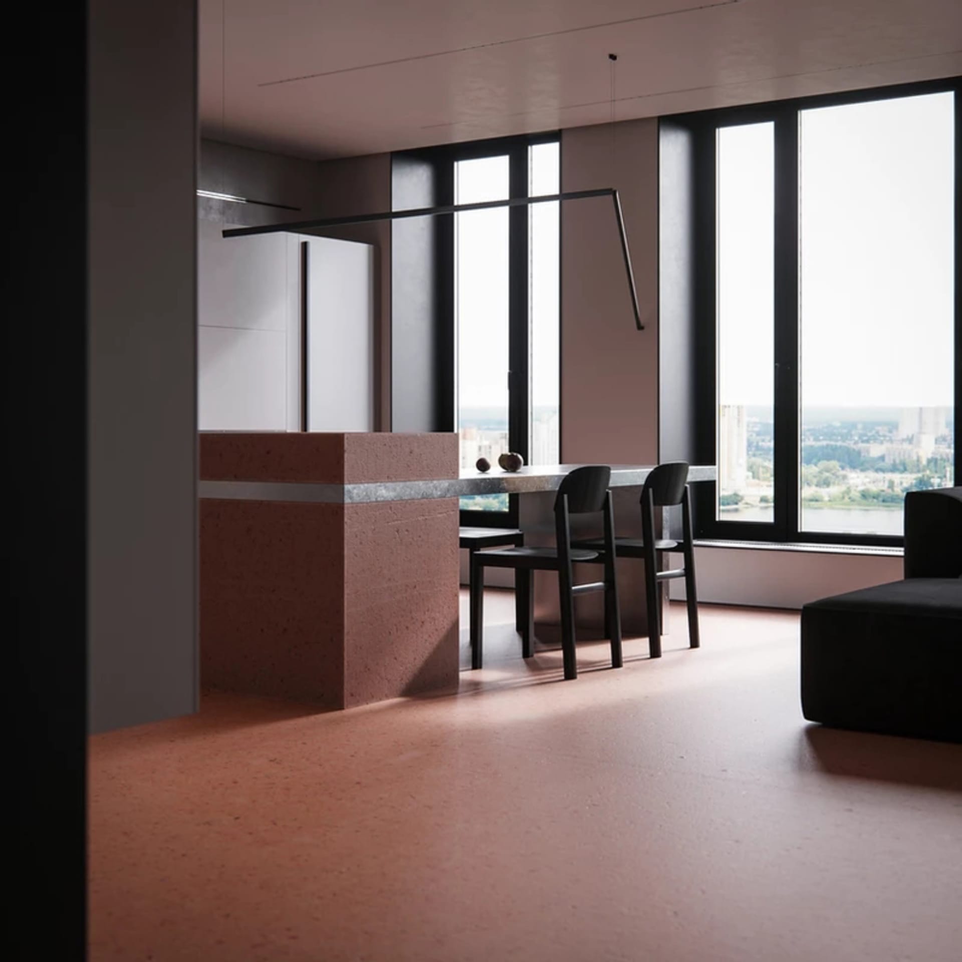 A modern kitchen with concrete and marble countertops and flooring, featuring bar stools and a view of the cityscape outside.