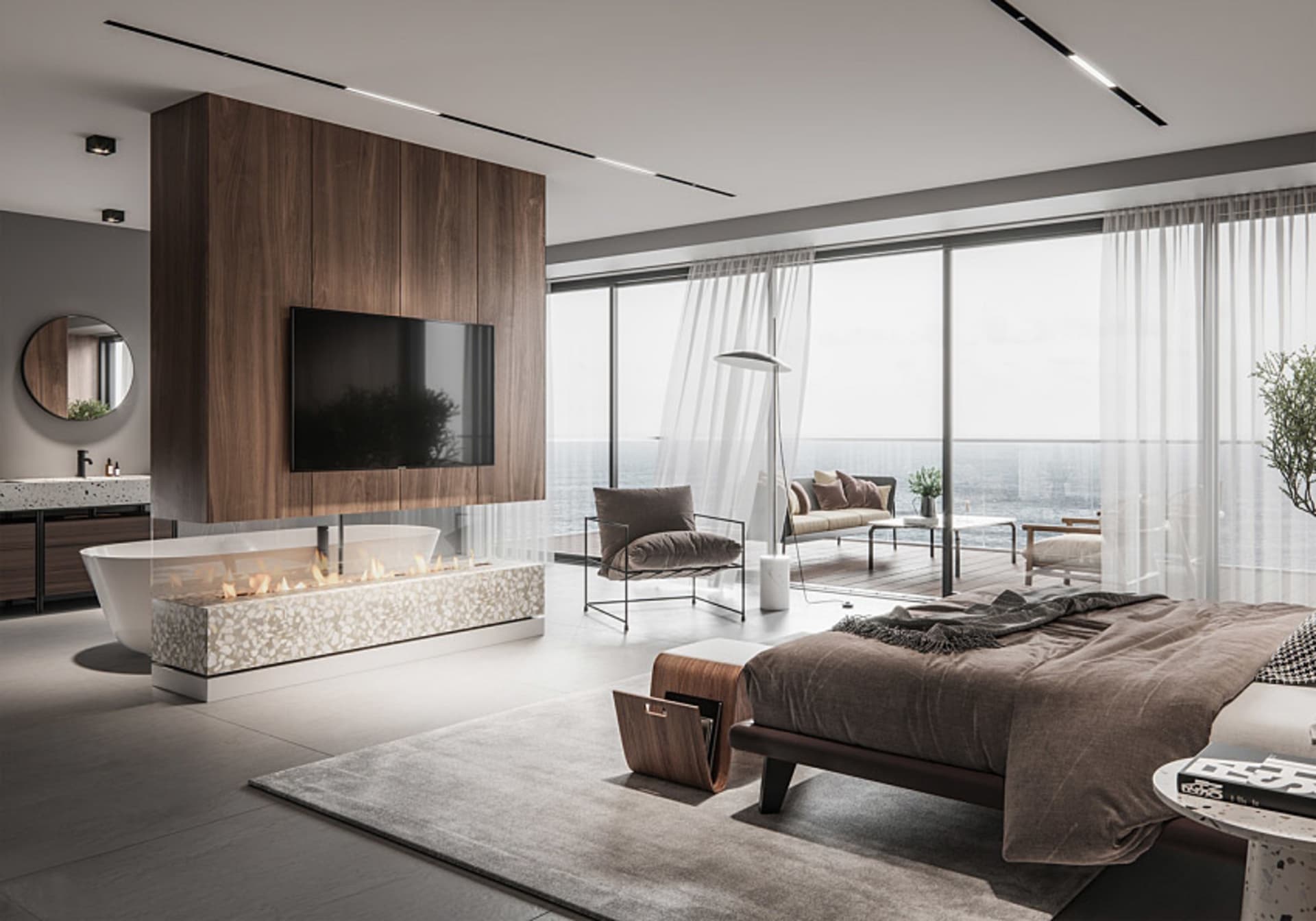 Modern living room featuring a terrazzo and concrete fireplace with a large glass wall and wooden cabinets.