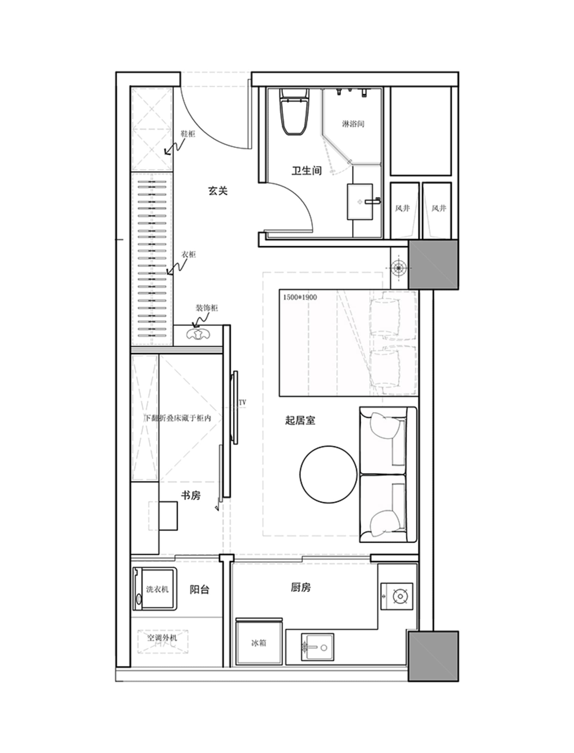 詳細的2D建築平面圖,展示現代公寓的客廳、臥室、廚房、衛浴配置