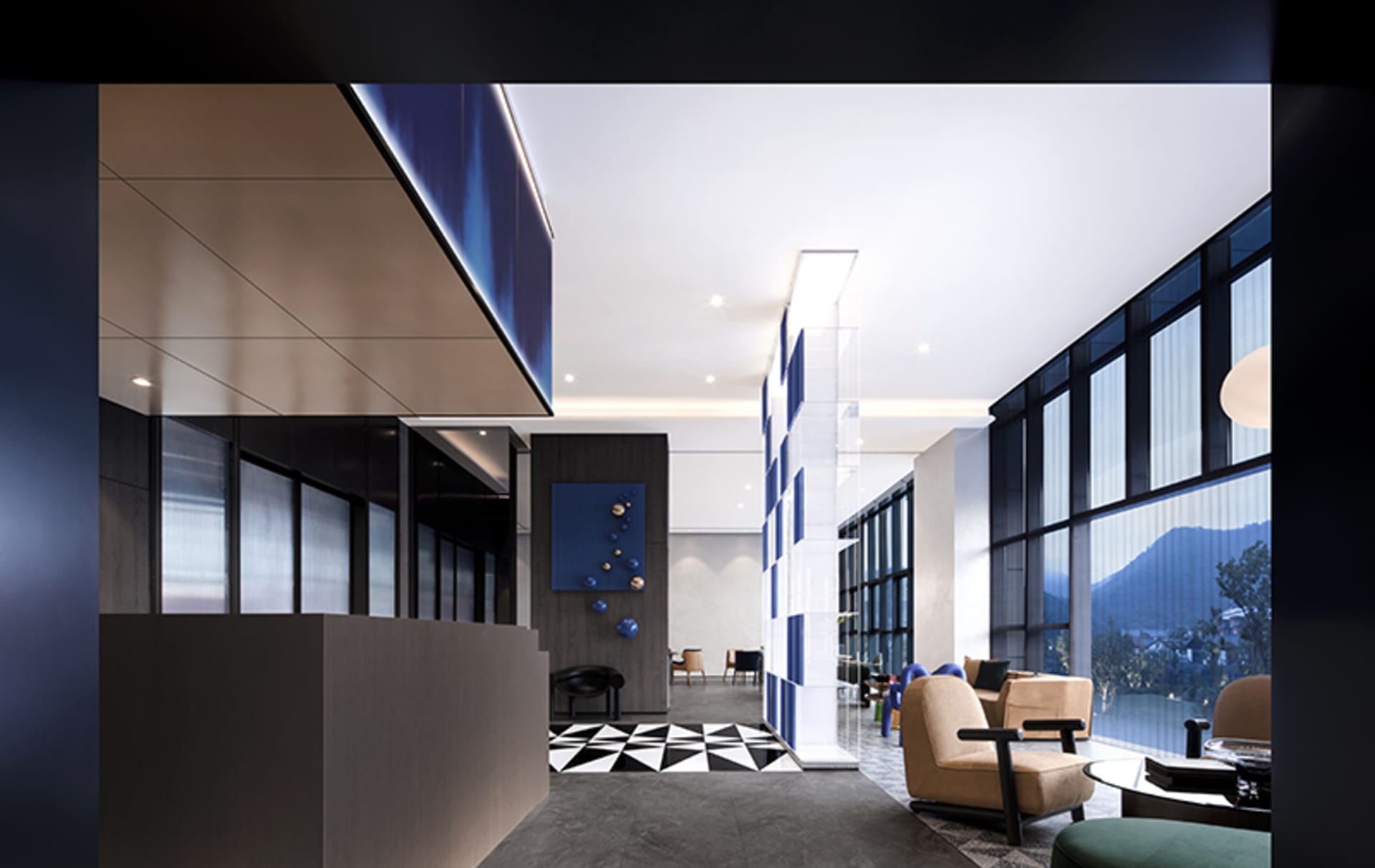 Modern lobby with glass walls and blue-tiled accents