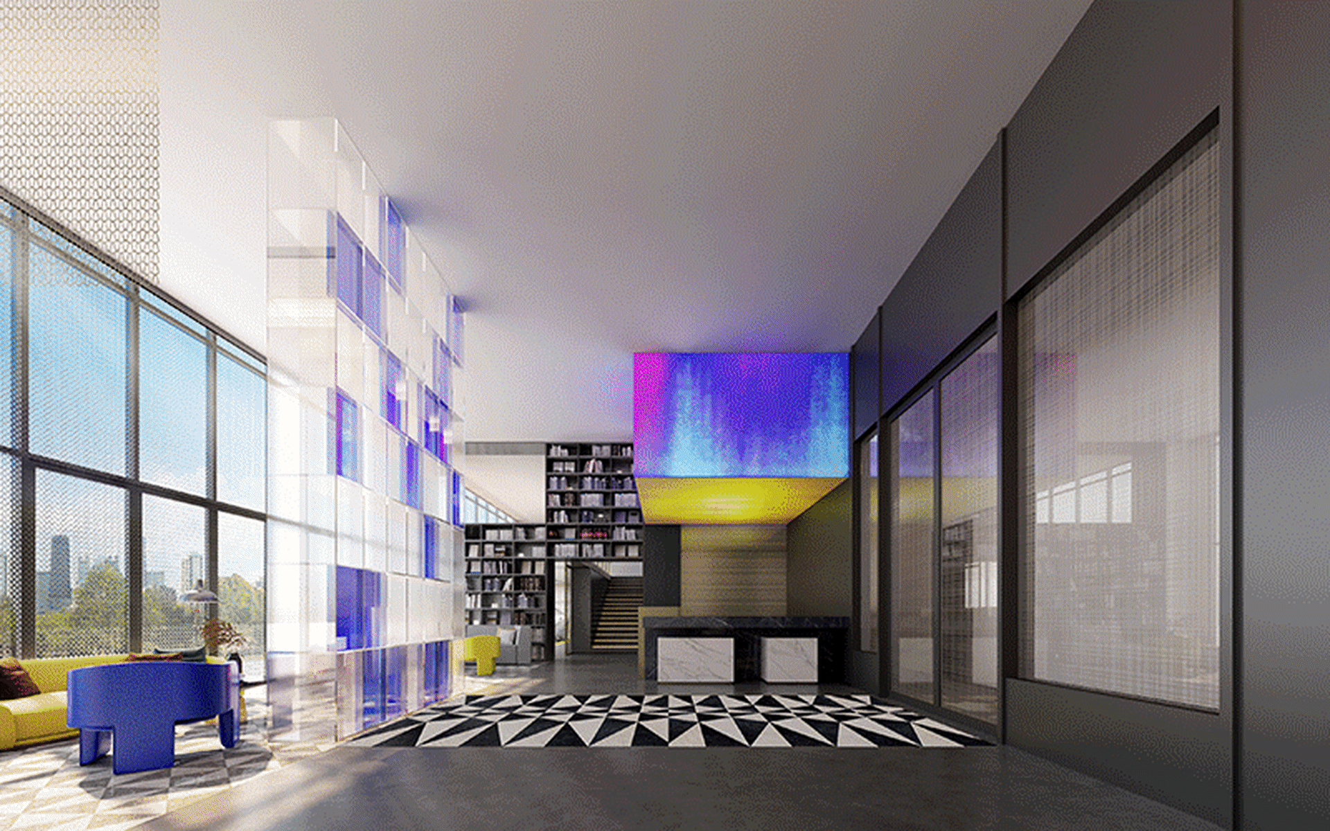 Modern lobby interior with glass panel walls and geometric floor design.