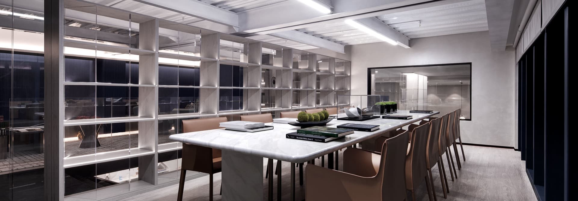 Modern conference room with marble table and chairs