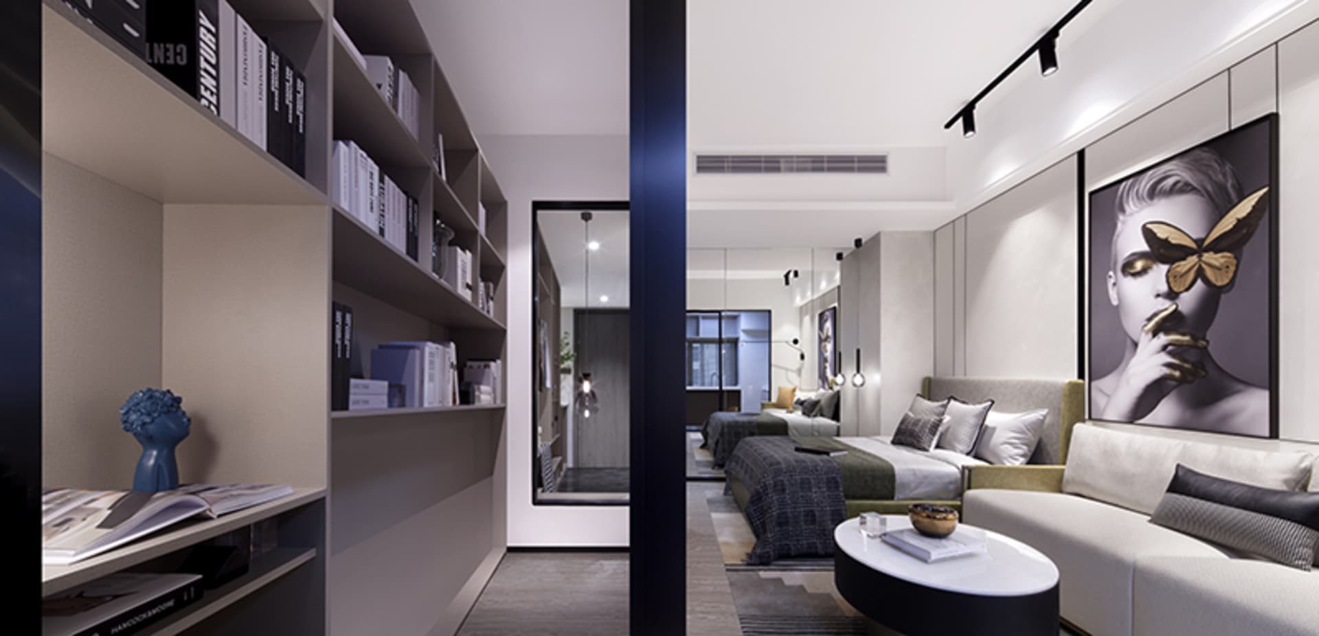 A modern bedroom featuring textured wall paneling, a large mirror, and contemporary furniture.