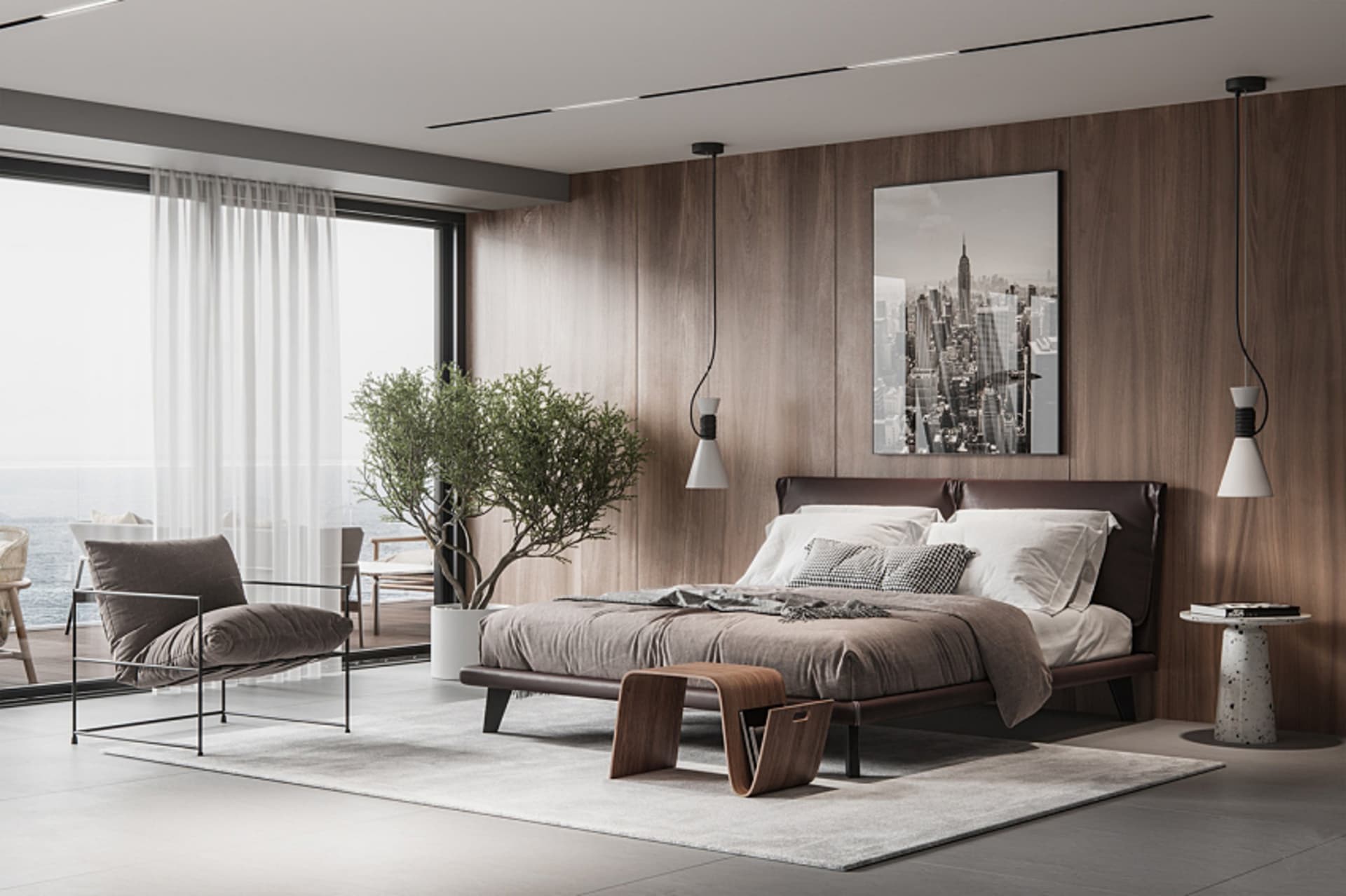 Modern bedroom featuring a brown leather bed, wooden flooring, and concrete accents.