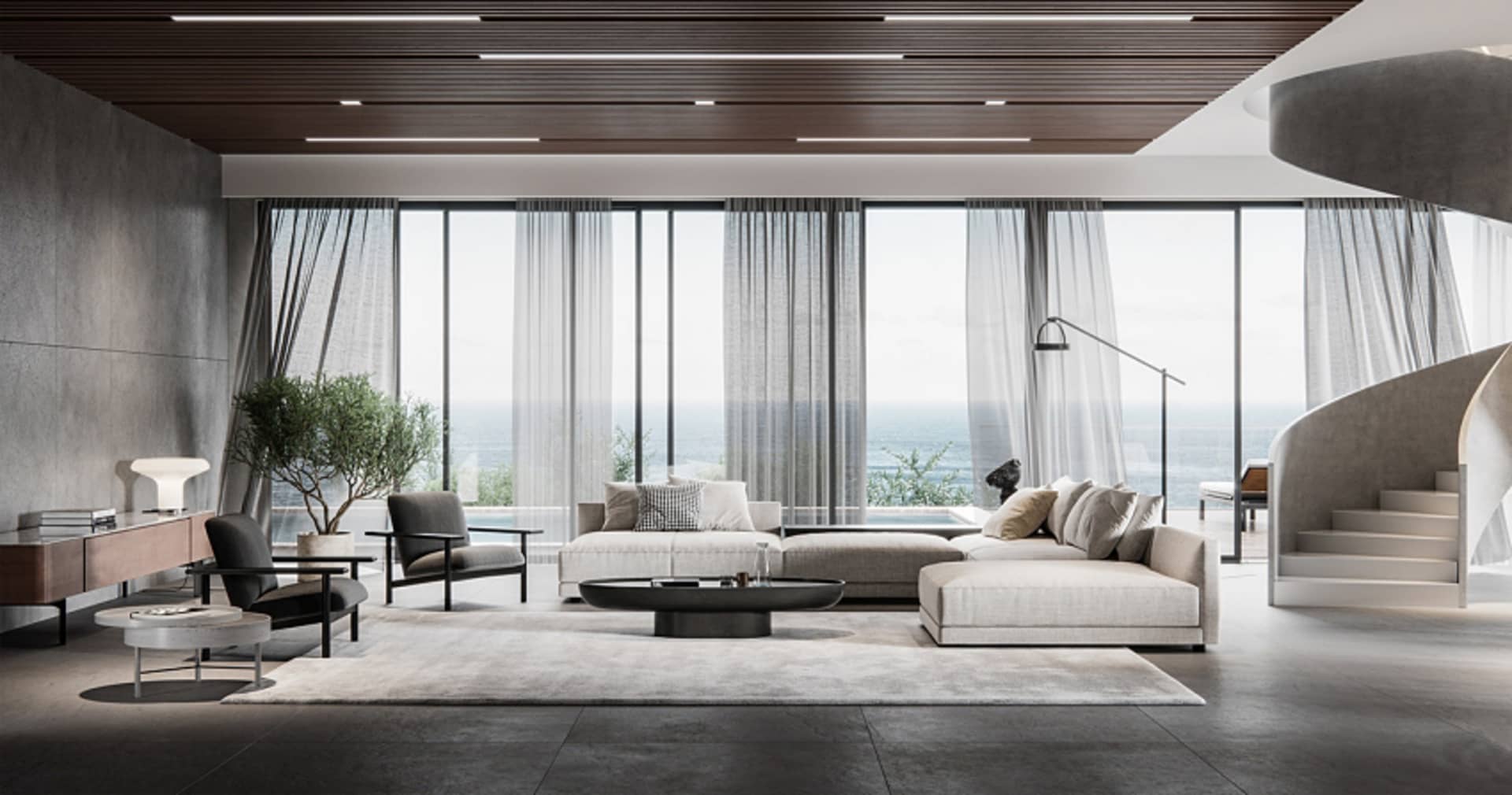 Modern minimalist living room with furniture, coffee table, glass wall, and large windows overlooking an outdoor area.
