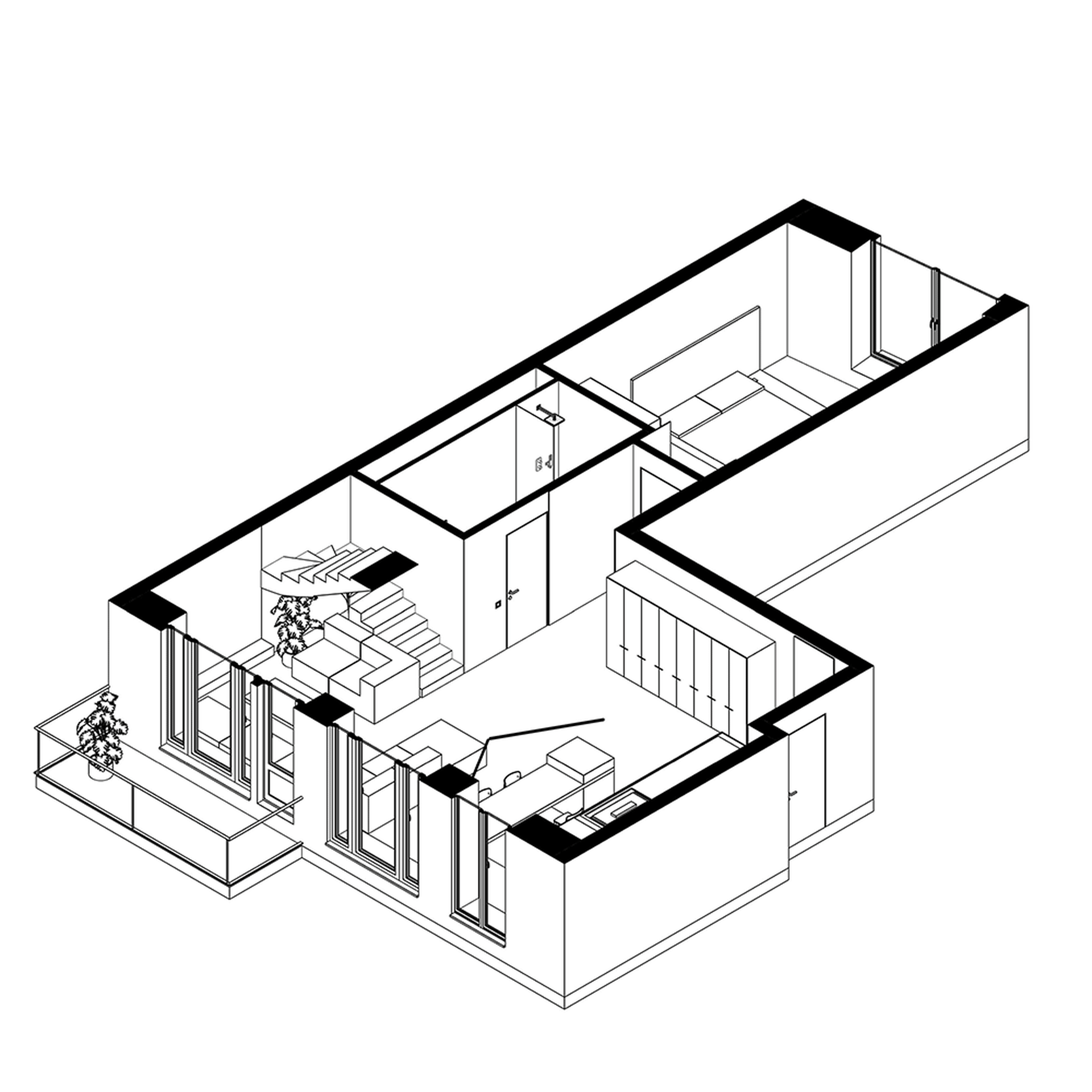A modern apartment floor plan featuring concrete cabinets.
